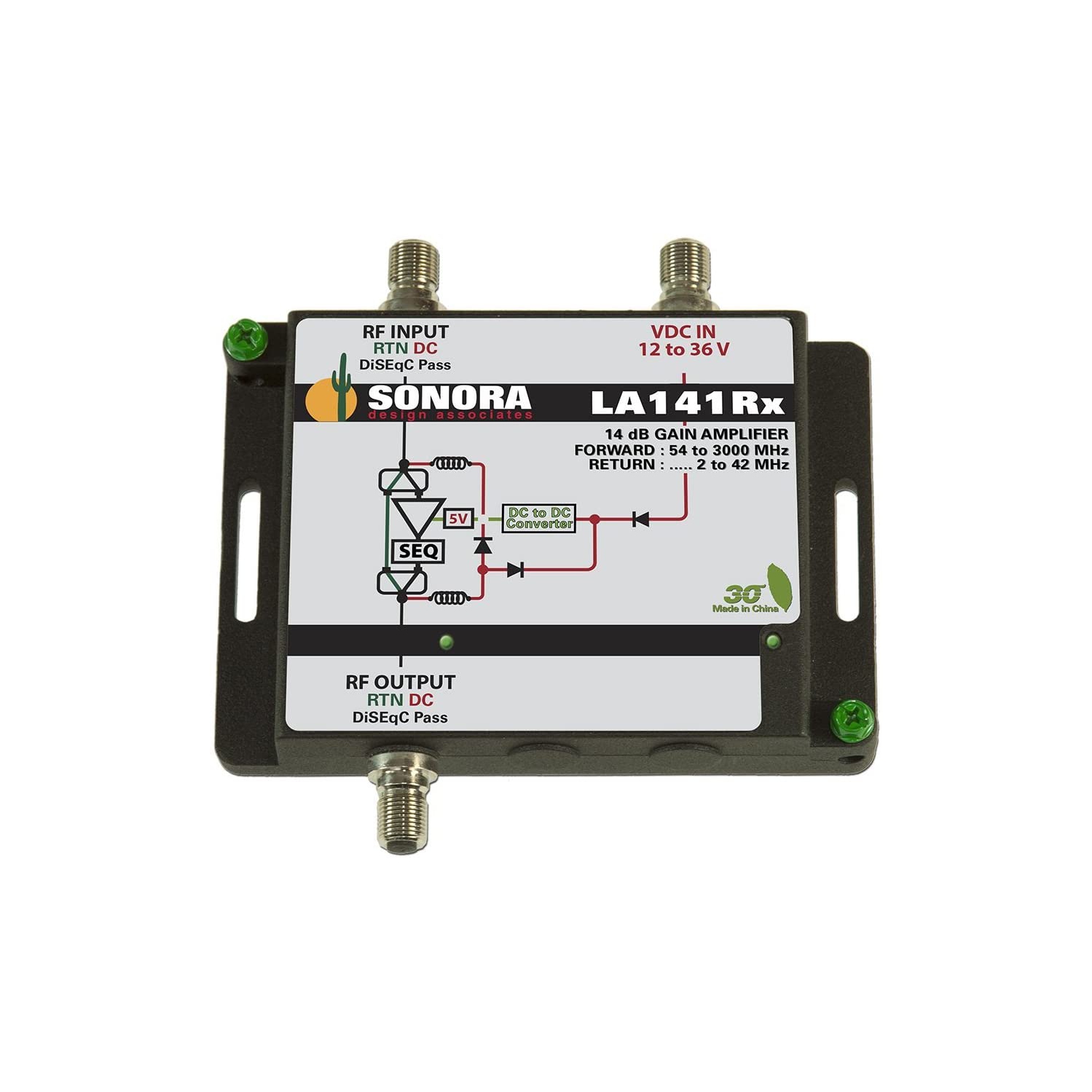 Sonora Design LA141RX-T Amplificateur de ligne extérieur 54 à 3000 MHz avec gain avant et sous-bande passive avec alimentation électrique