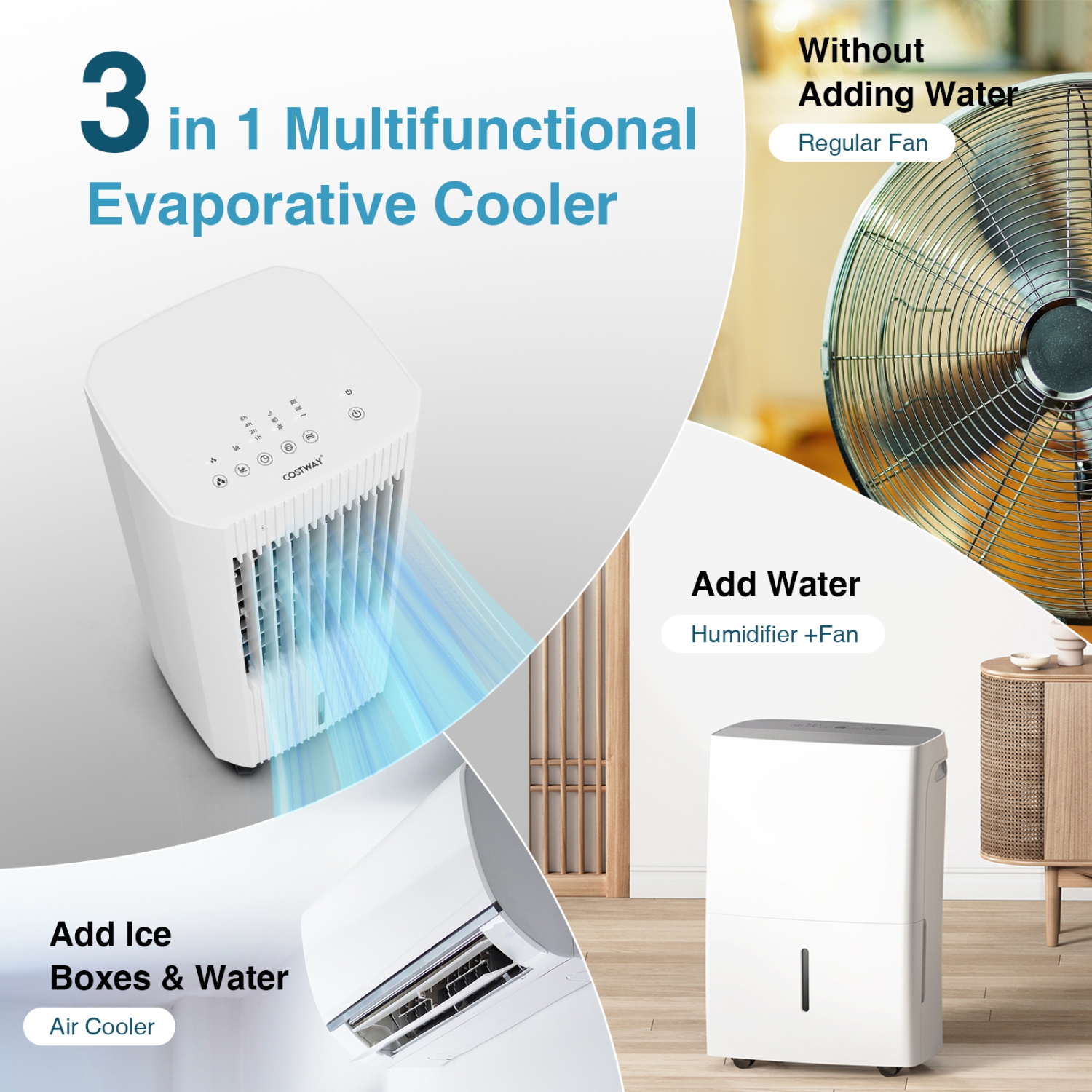 Rafraîchisseur d'air par évaporation 3 en 1 de marque Costway avec humidificateur et ventilateur portable à roulettes