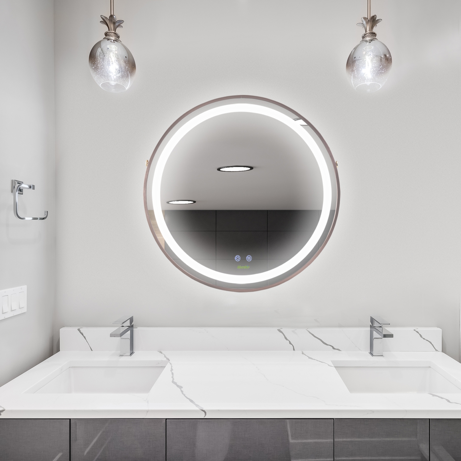 kleankin Miroir de salle de bain rond à LED avec antibuée, miroir mural à gradation avec 3 couleurs de température, Plug-in, Rose Gold