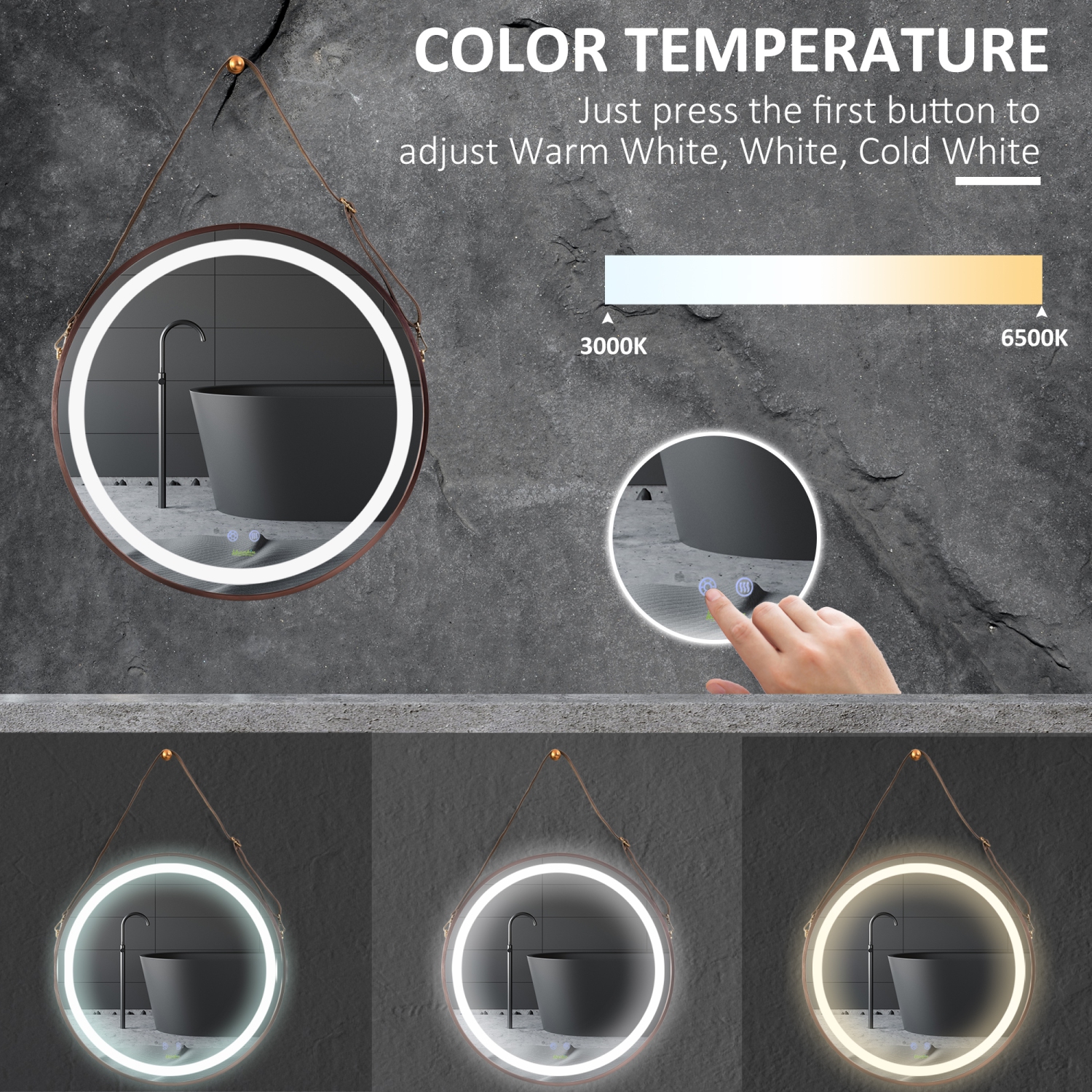 kleankin Miroir de salle de bain rond à LED avec antibuée, miroir mural à gradation avec 3 couleurs de température, Plug-in, Rose Gold