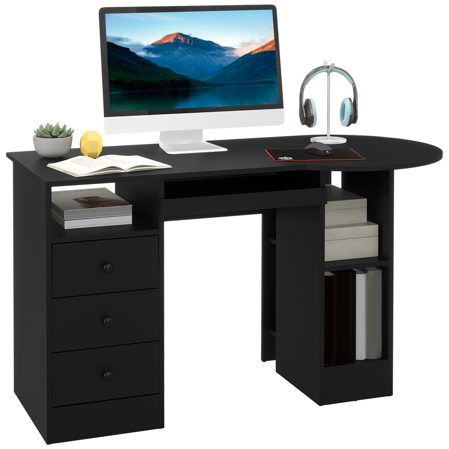 HOMCOM Computer Desk with Storage, Home Office Laptop Table with Shelves and Drawers, Modern Workstation Desk with Keyboard Tray for Study, Living Room, Black