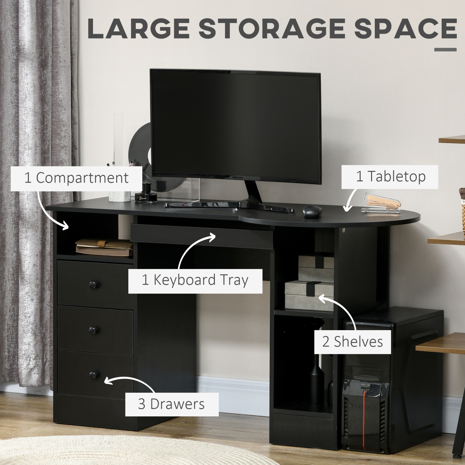HOMCOM Computer Desk with Drawers, Home Office Desk with Keyboard Tray and Open Shelves, Modern Writing Workstation for Study, Bedroom, Black
