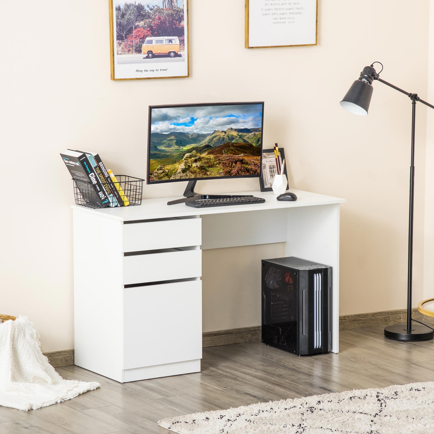 HOMCOM – Bureau d’ordinateur moderne, bureau à domicile pour étude, poste de travail avec tiroir de rangement et armoire pour salon, blanc