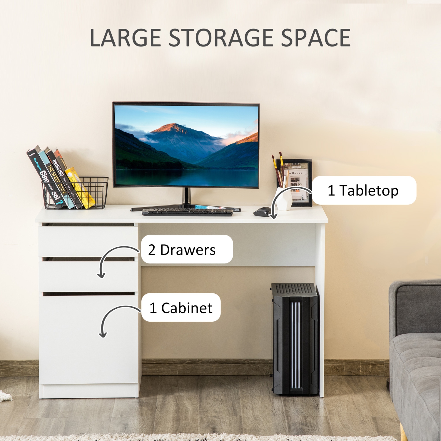 HOMCOM – Bureau d’ordinateur moderne, bureau à domicile pour étude, poste de travail avec tiroir de rangement et armoire pour salon, blanc