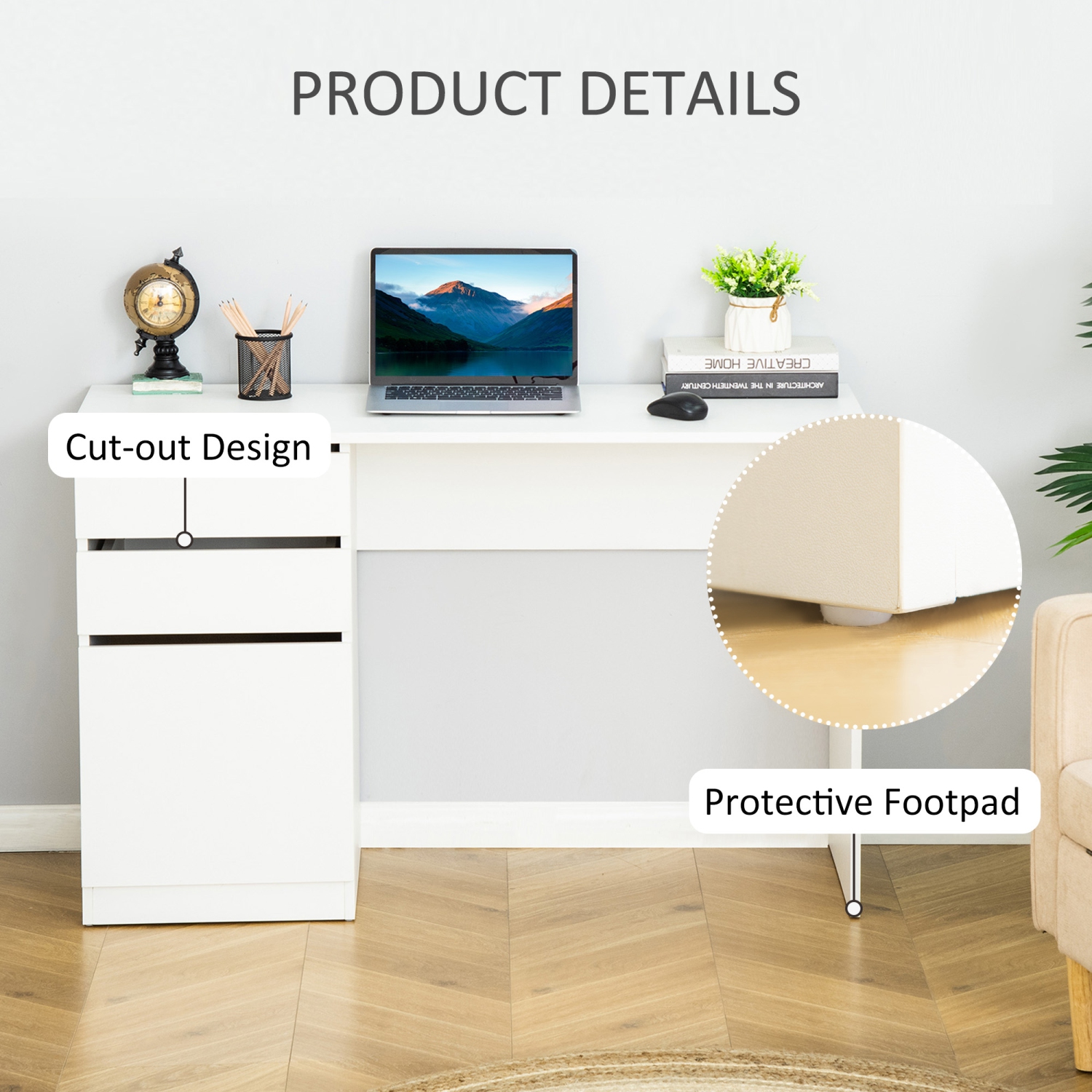 HOMCOM – Bureau d’ordinateur moderne, bureau à domicile pour étude, poste de travail avec tiroir de rangement et armoire pour salon, blanc