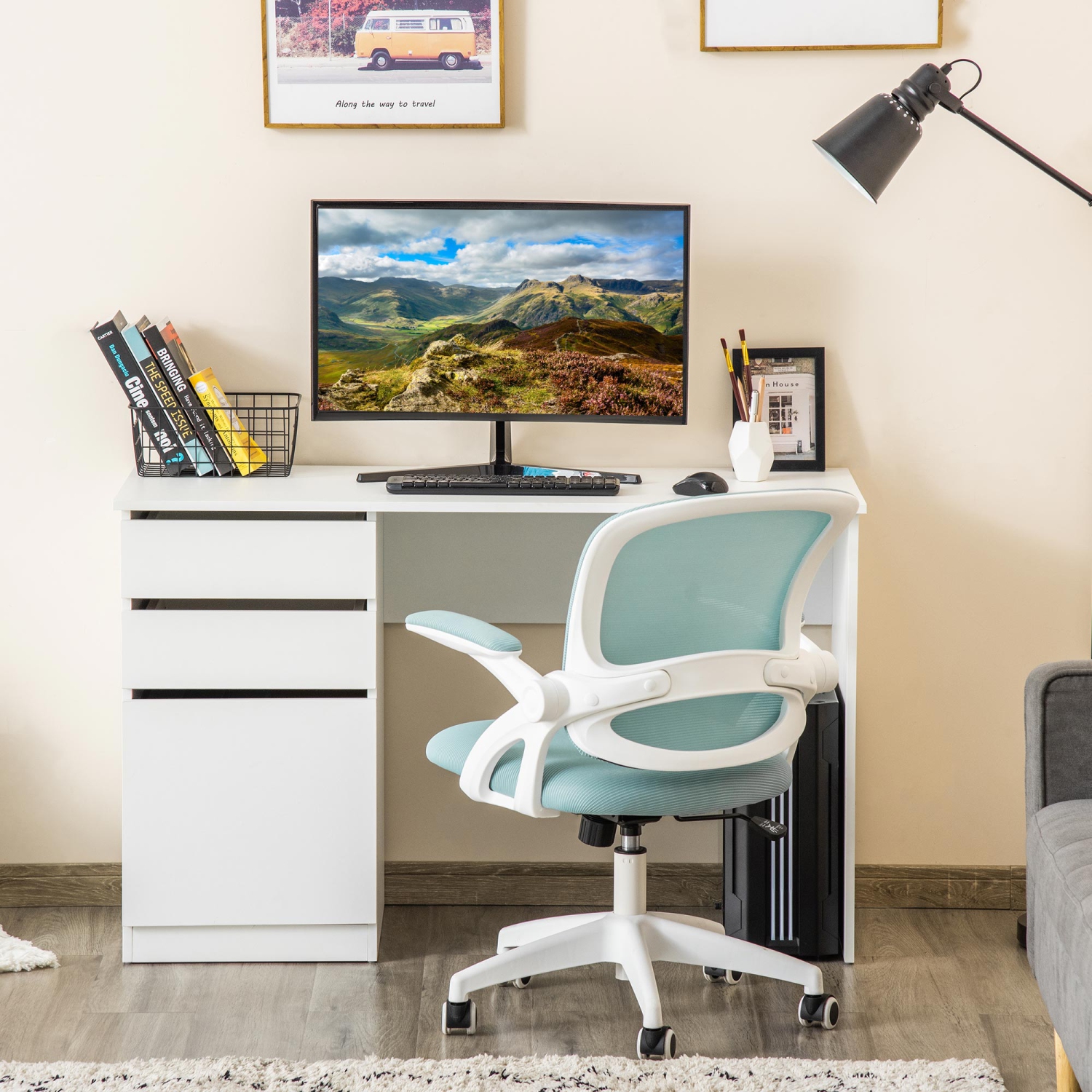 HOMCOM – Bureau d’ordinateur moderne, bureau à domicile pour étude, poste de travail avec tiroir de rangement et armoire pour salon, blanc