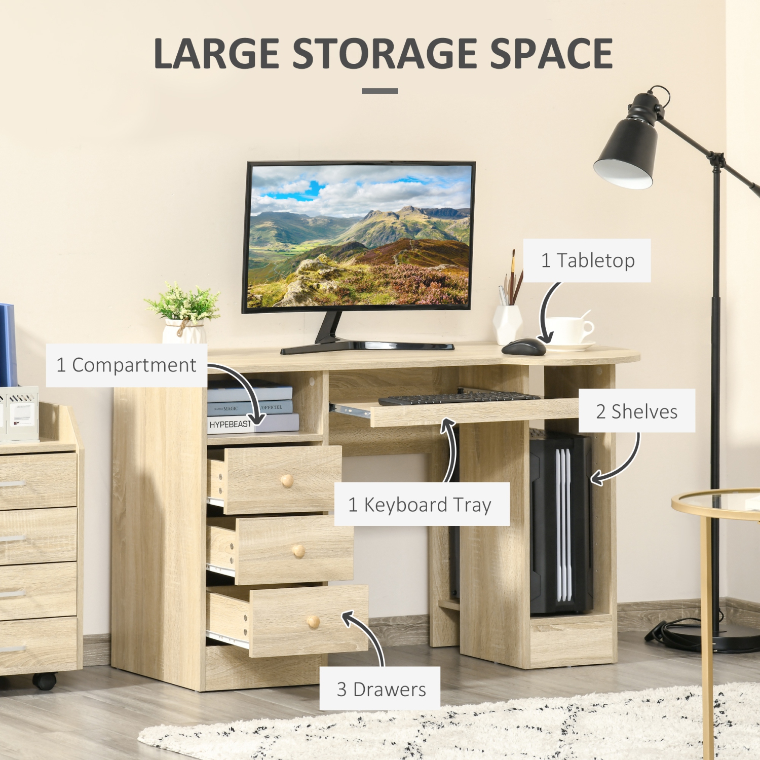 Bureau d'ordinateur avec tiroirs de HOMCOM, bureau à domicile avec plateau pour clavier et tablettes ouvertes, poste d'écriture moderne pour bureau,