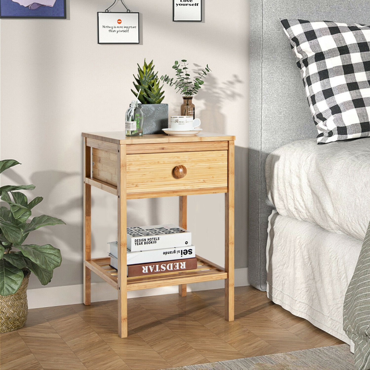 Gymax Bamboo Nightstand Natural Side End Table w/Drawer for Living Room Bedroom