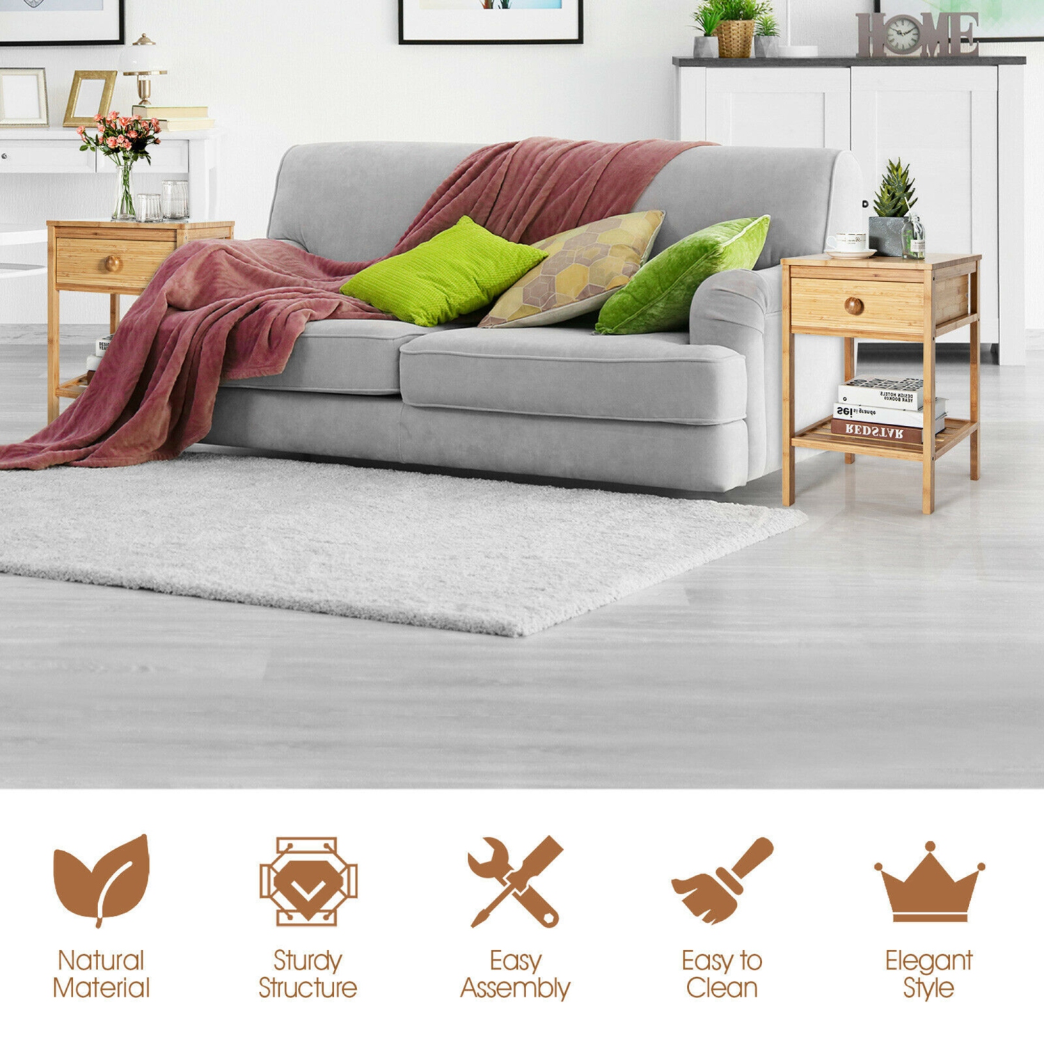 Gymax Bamboo Nightstand Natural Side End Table w/Drawer for Living Room Bedroom