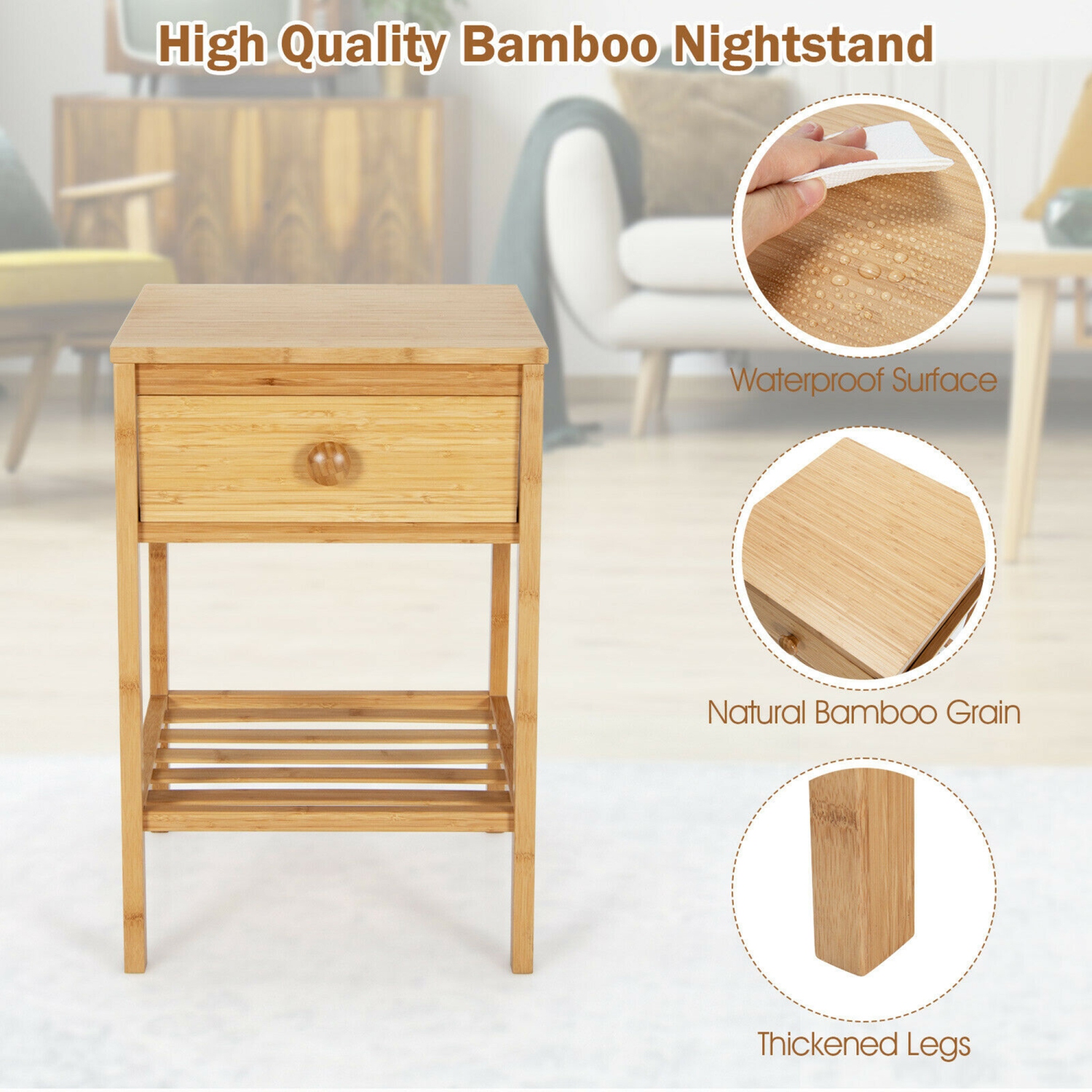 Gymax Bamboo Nightstand Natural Side End Table w/Drawer for Living Room Bedroom