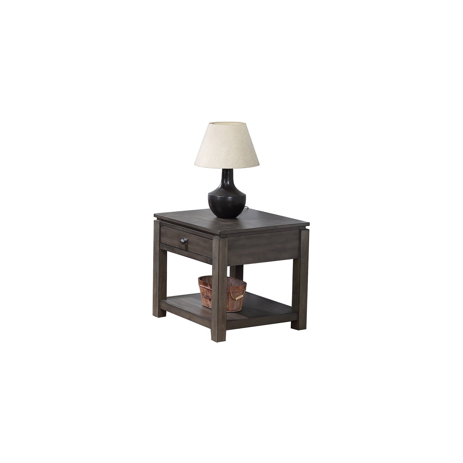 Table d’extrémité en bois gris avec tiroir et tablette au fini gris coucher de soleil