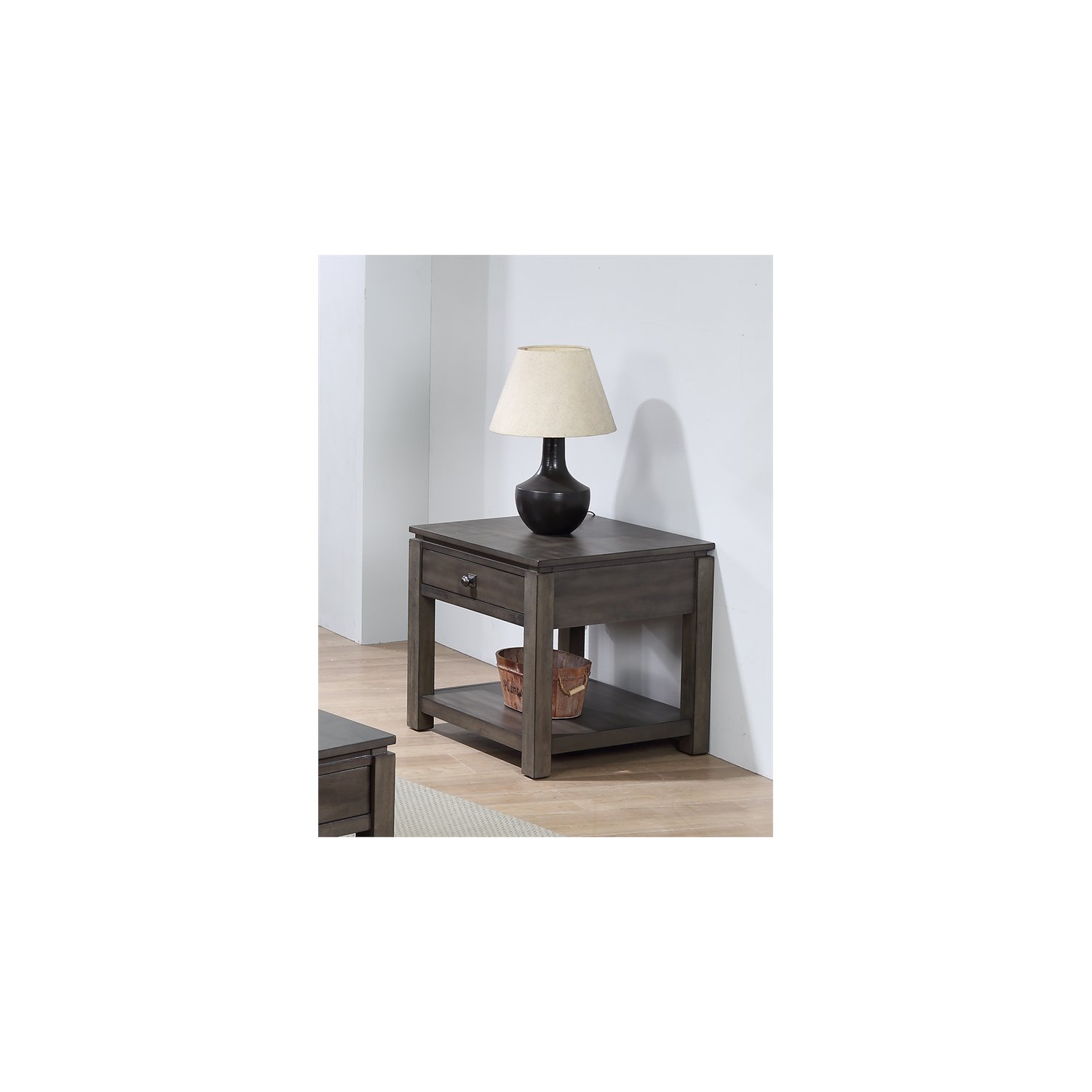 Table d’extrémité en bois gris avec tiroir et tablette au fini gris coucher de soleil