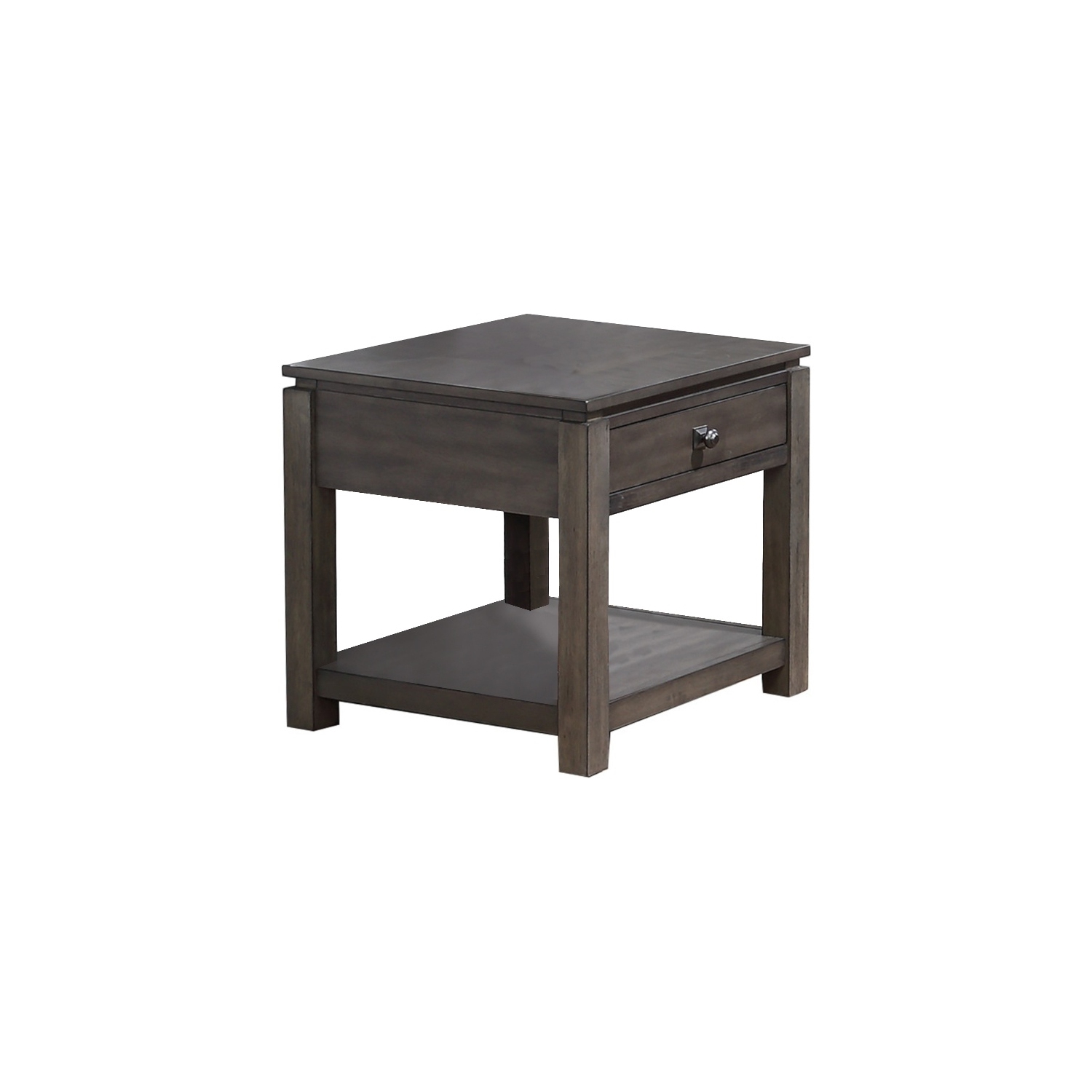 Table d’extrémité en bois gris avec tiroir et tablette au fini gris coucher de soleil