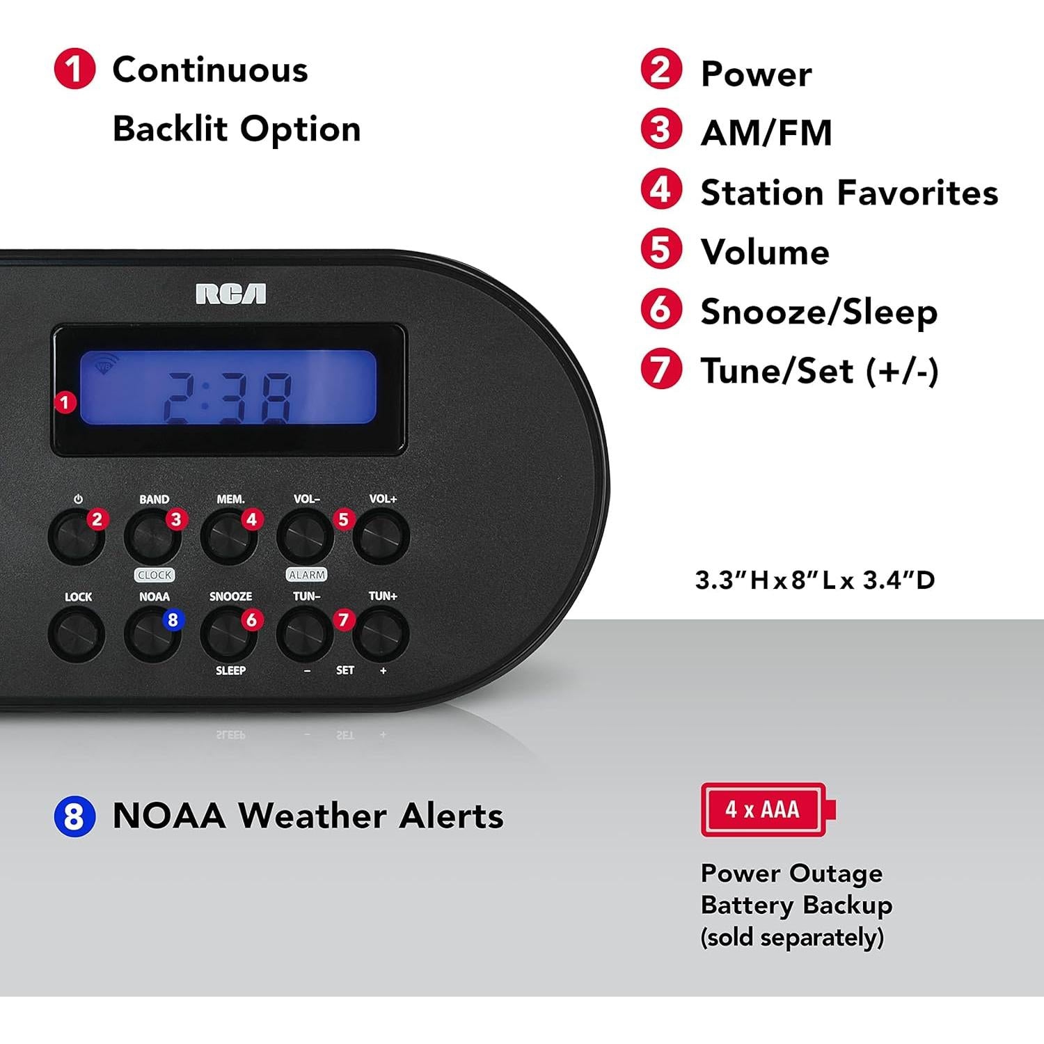 RCA AM/FM Weather Alert Alarm Clock Radio - Black