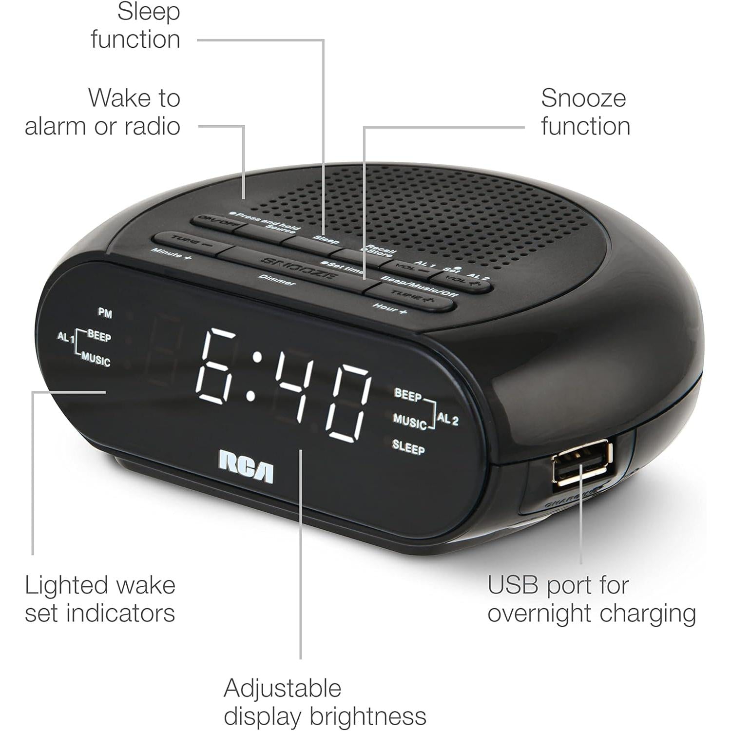 RCA Soothing Sounds Alarm Clock Radio with USB Charging - Black
