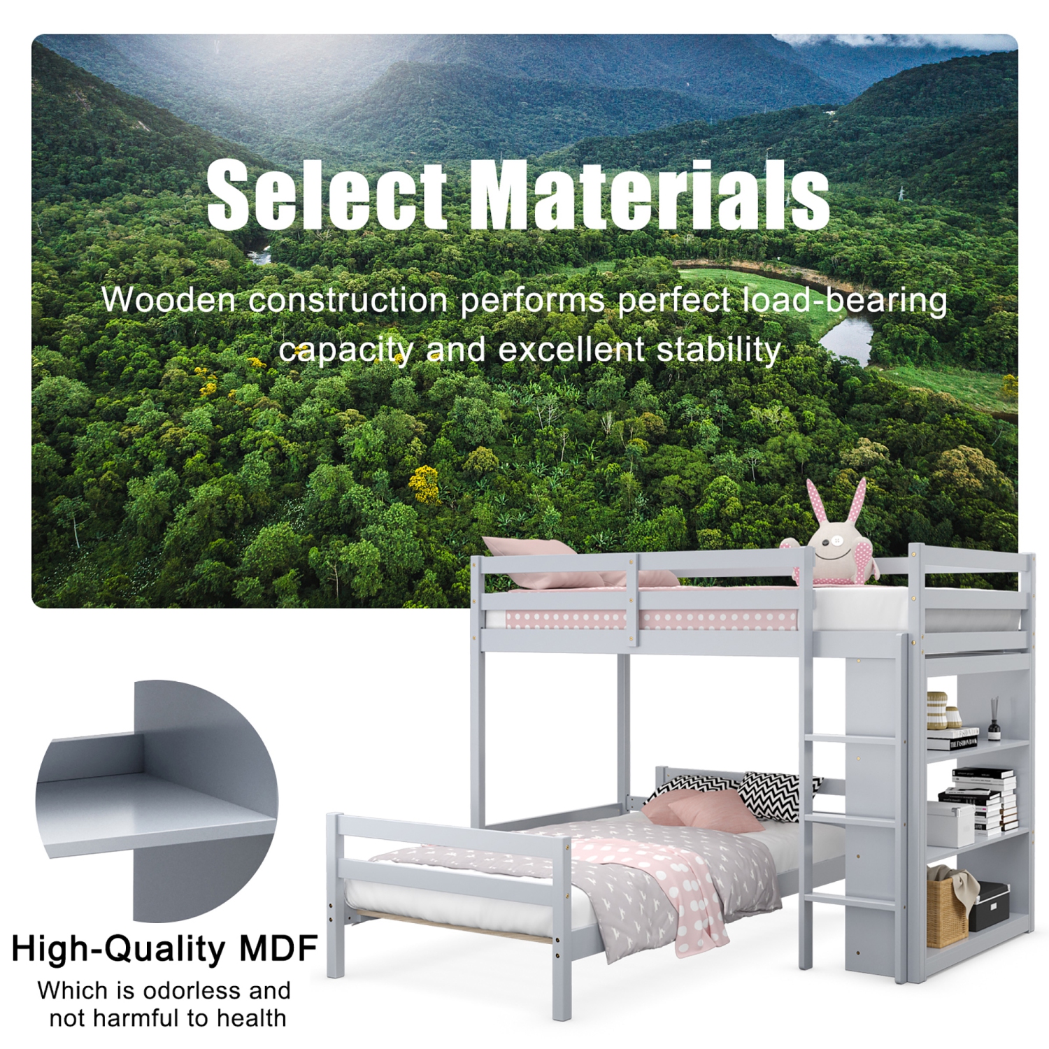 Marque Costway Lit double Lit superposé Loft en bois avec bibliothèque Garde-corps Échelle Chambre d'enfant