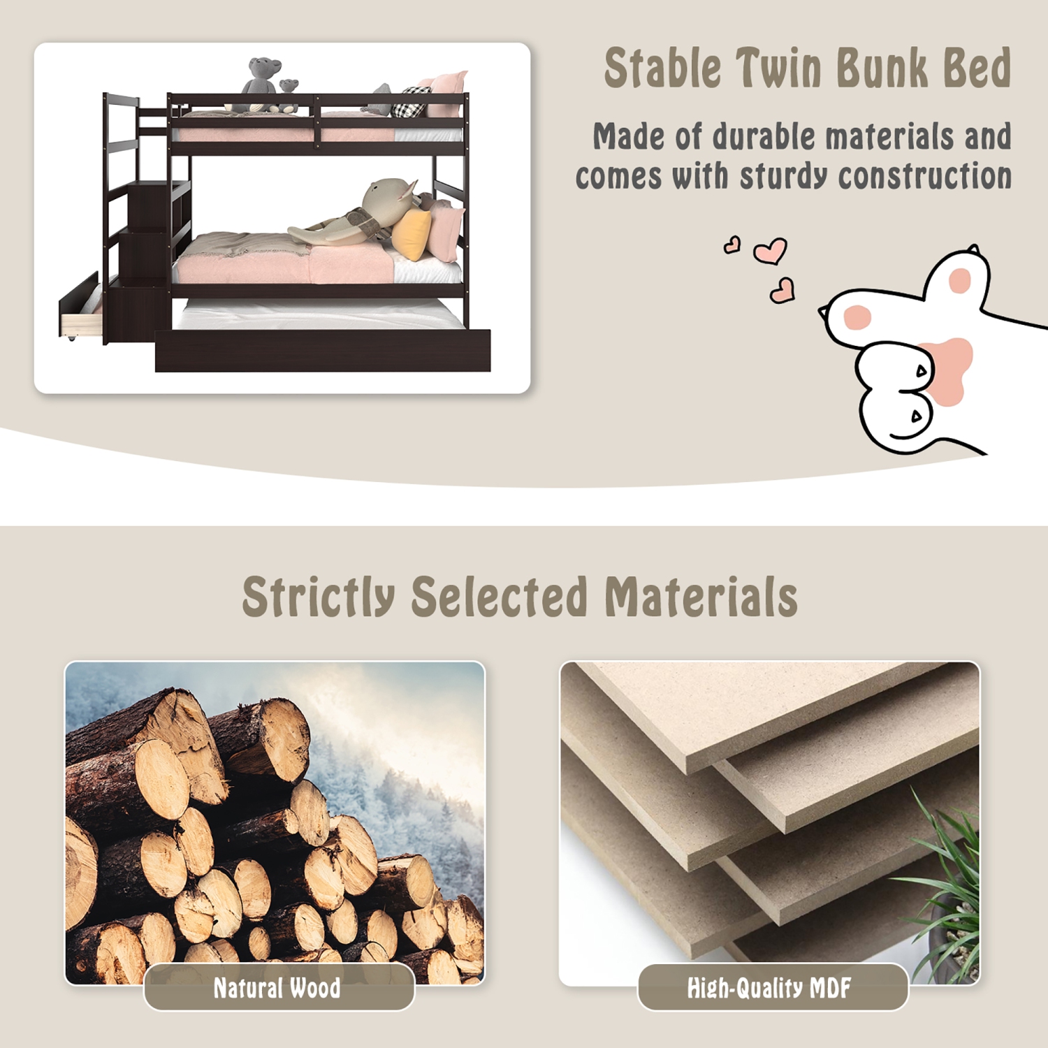 Marque Costway Lits superposés avec escaliers gigognes et tiroir à étagère de rangement gris.