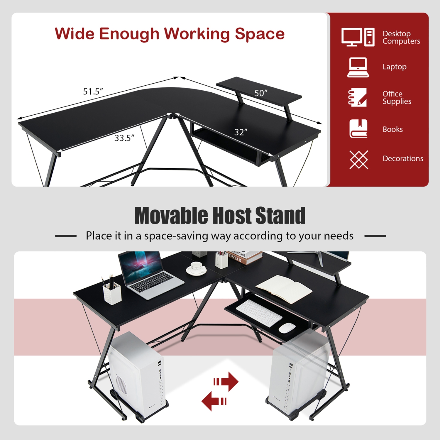 Costway L Shaped Computer Desk Home Office Workstation w/ Movable Monitor Stand