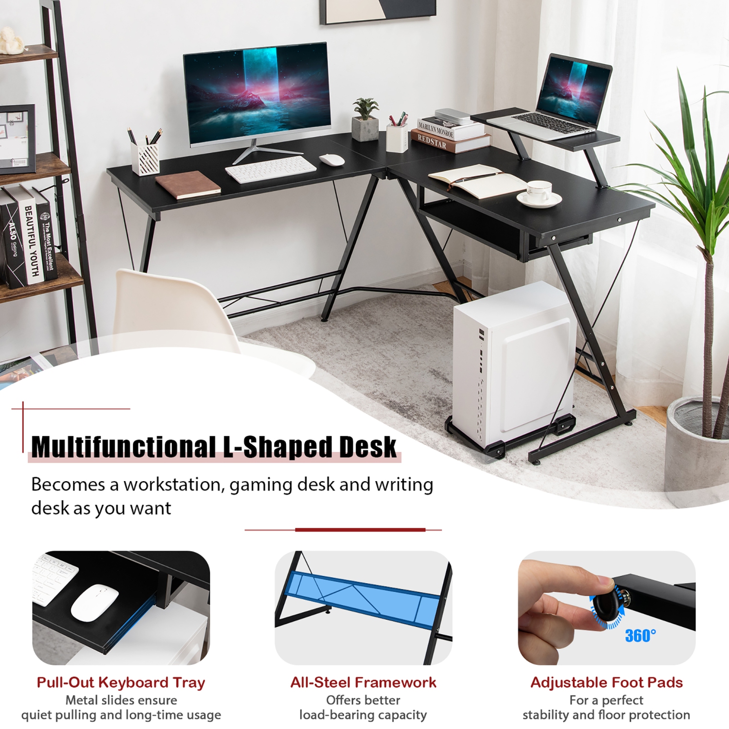 Costway L Shaped Computer Desk Home Office Workstation w/ Movable Monitor Stand