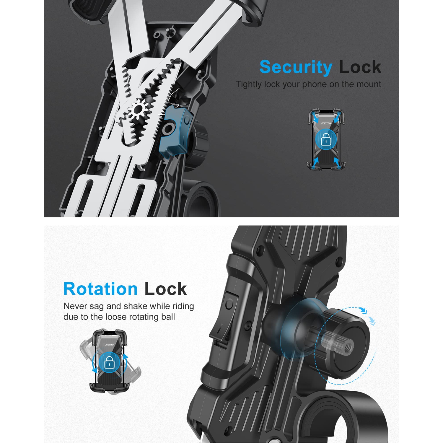 Support de téléphone pour vélo d’OMOTON pour guidon de moto, pince de téléphone à 360° pour vélo
