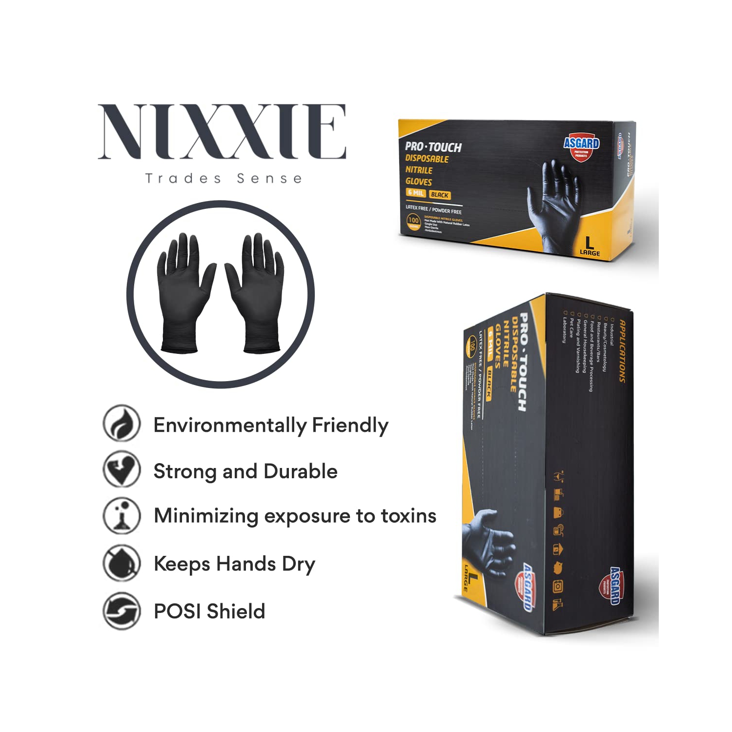 Gants en nitrile noirs, épaisseur de 6 mil de Nixxie Trades Sense, gants jetables, GRAND