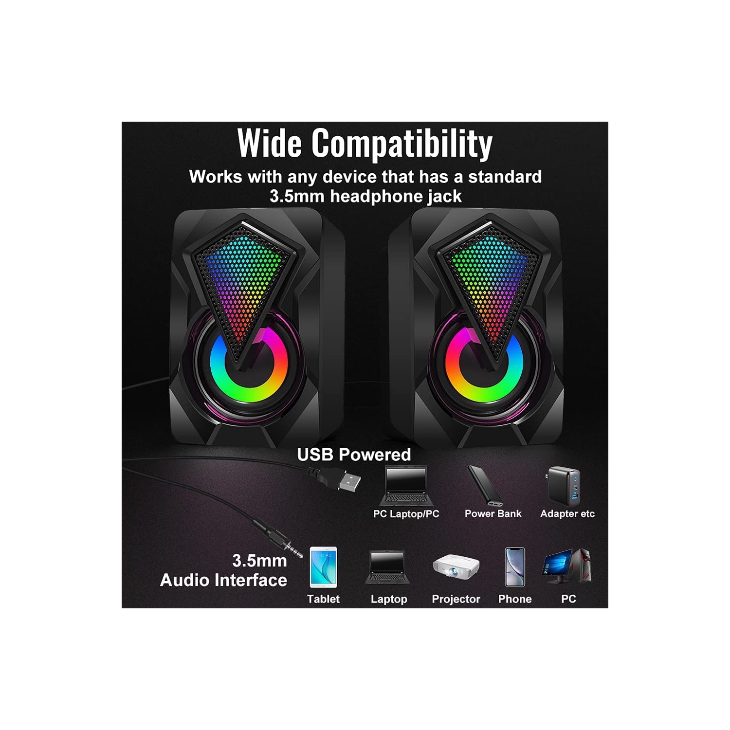 Computer Speakers,Wired PC Speaker 2.0 USB Gaming Powered Stereo Mini Multimedia Volume Control with RGB Lights 3.5mm Aux In