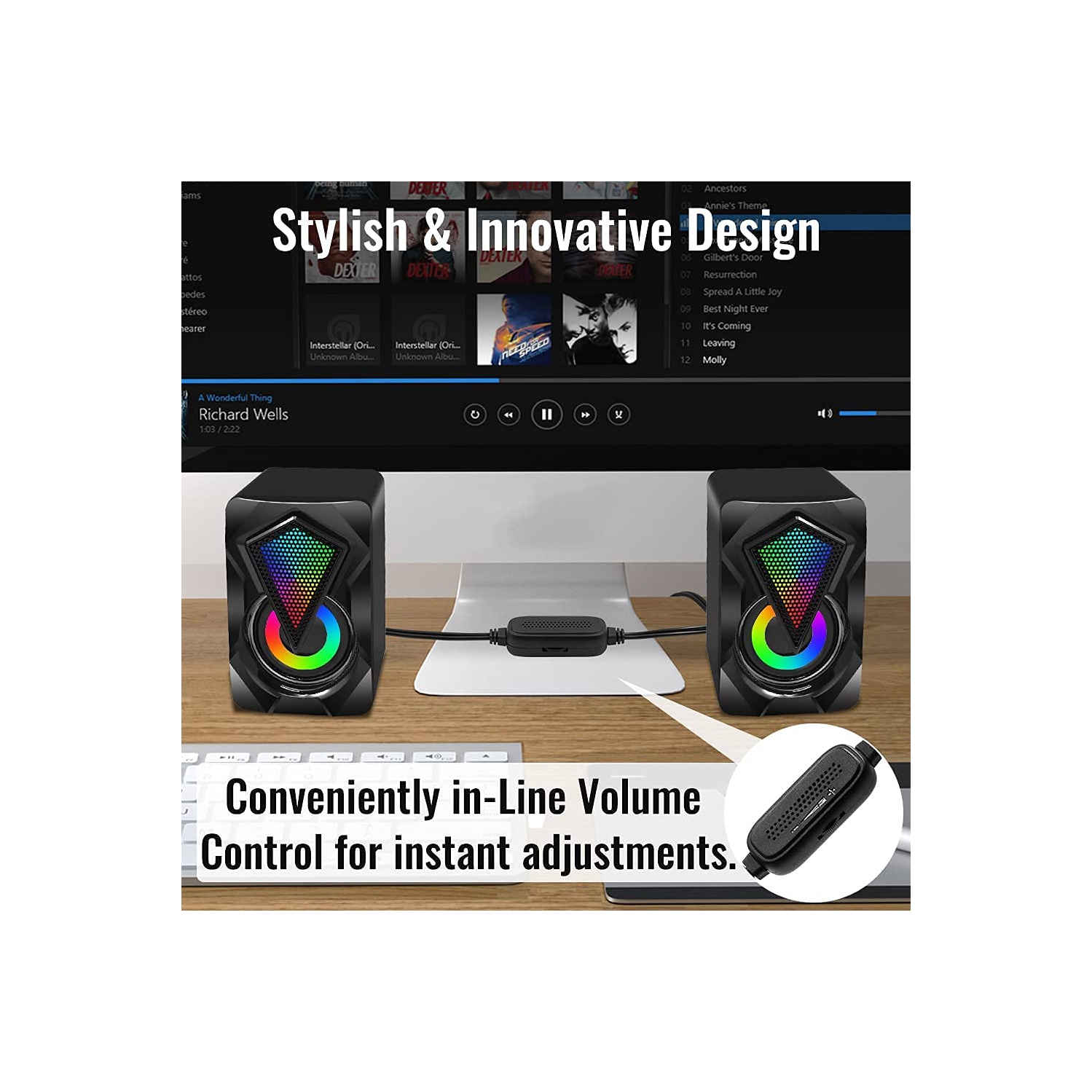 Computer Speakers,Wired PC Speaker 2.0 USB Gaming Powered Stereo Mini Multimedia Volume Control with RGB Lights 3.5mm Aux In