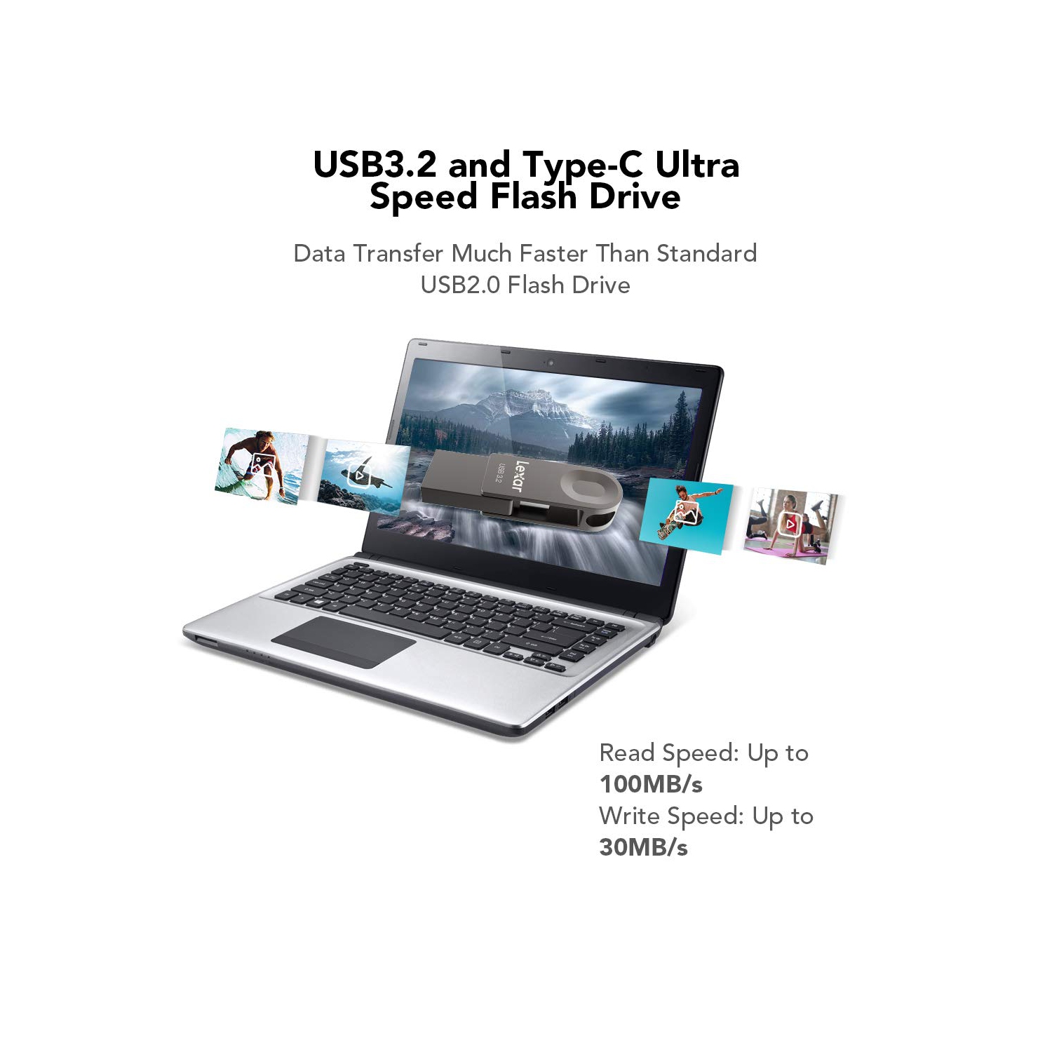 Clé USB de 128 Go de Lexar, USB 3.2 de 1re génération De Type A et clé USB C de 100 Mo/s au plus, clé USB de type C pivotante, clé de secours f