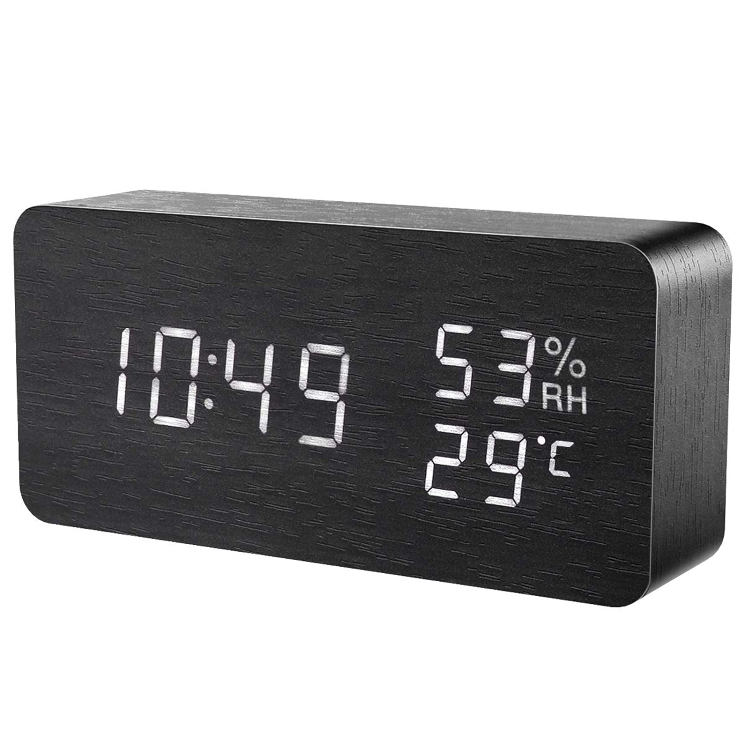 ORIA Digital Alarm Clock, LED Wooden Clock, Wooden Alarm Clock, Voice Control, 3 Alarm Settings, 3 Brightness Adjustable, Te