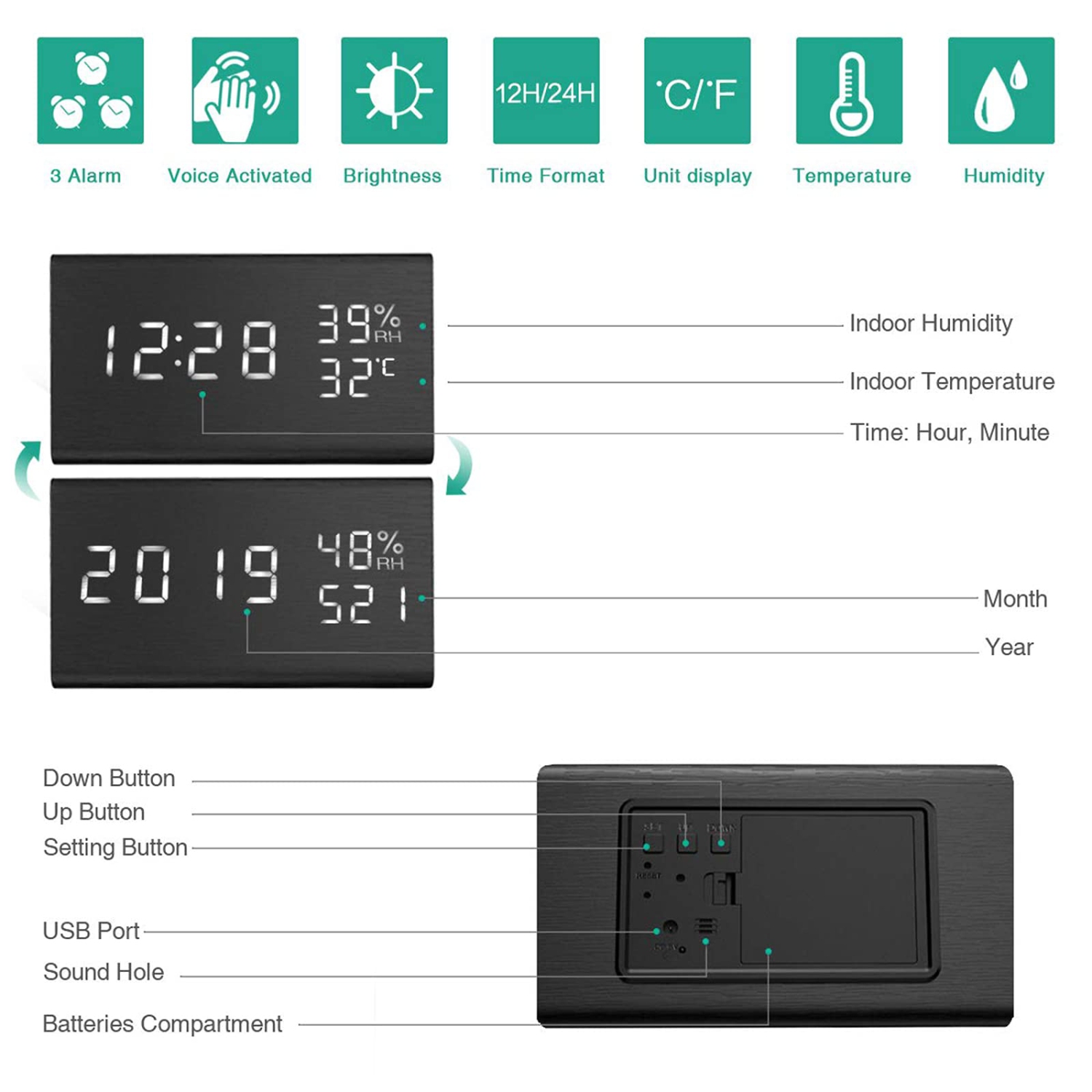 ORIA Digital Alarm Clock, LED Wooden Clock, Wooden Alarm Clock, Voice Control, 3 Alarm Settings, 3 Brightness Adjustable, Te