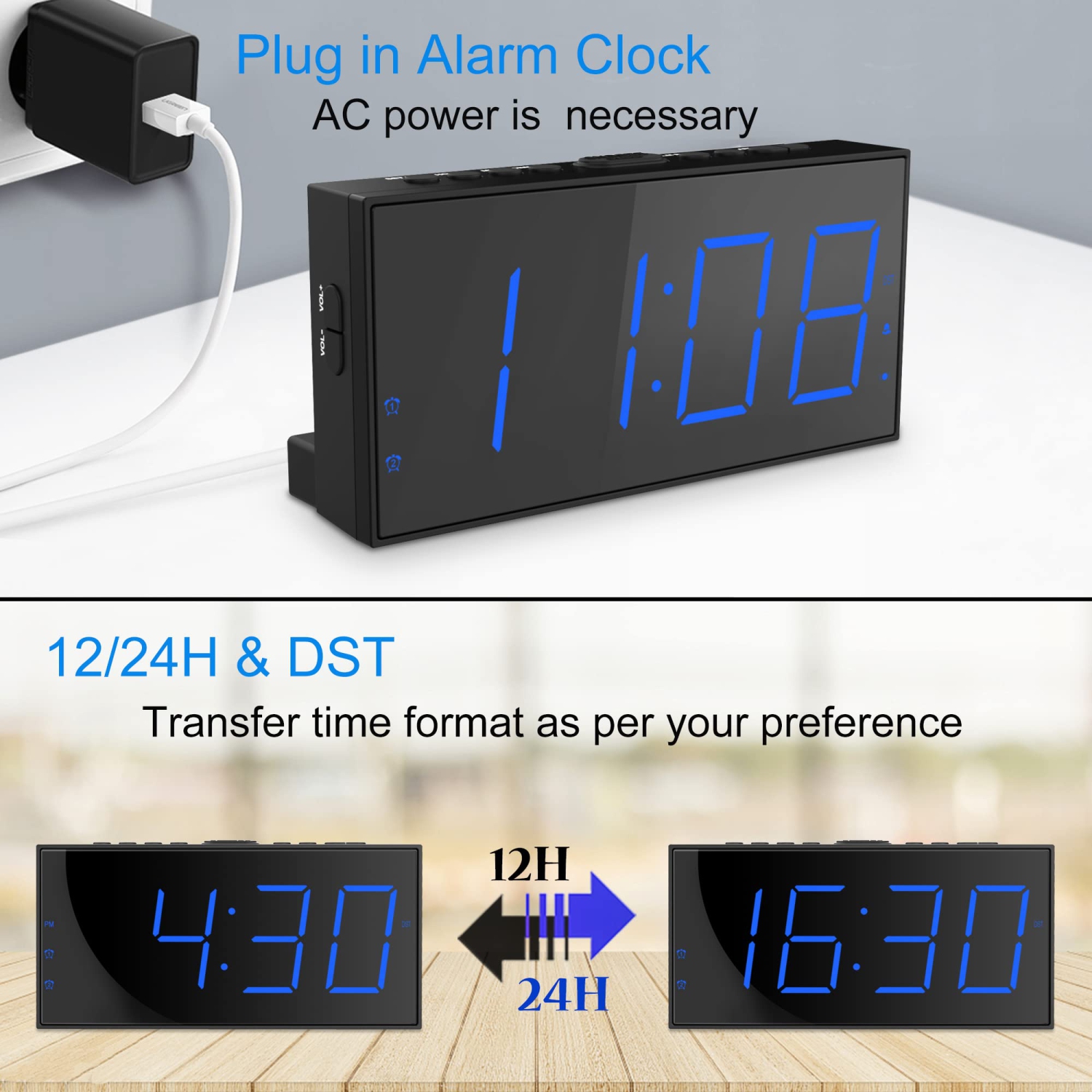 Digital Alarm clocks for bedrooms, Bedside Clock with 7.5’’ Large LED Display & Big Numbers, Two Alarms, Loud Alarm Clock wi