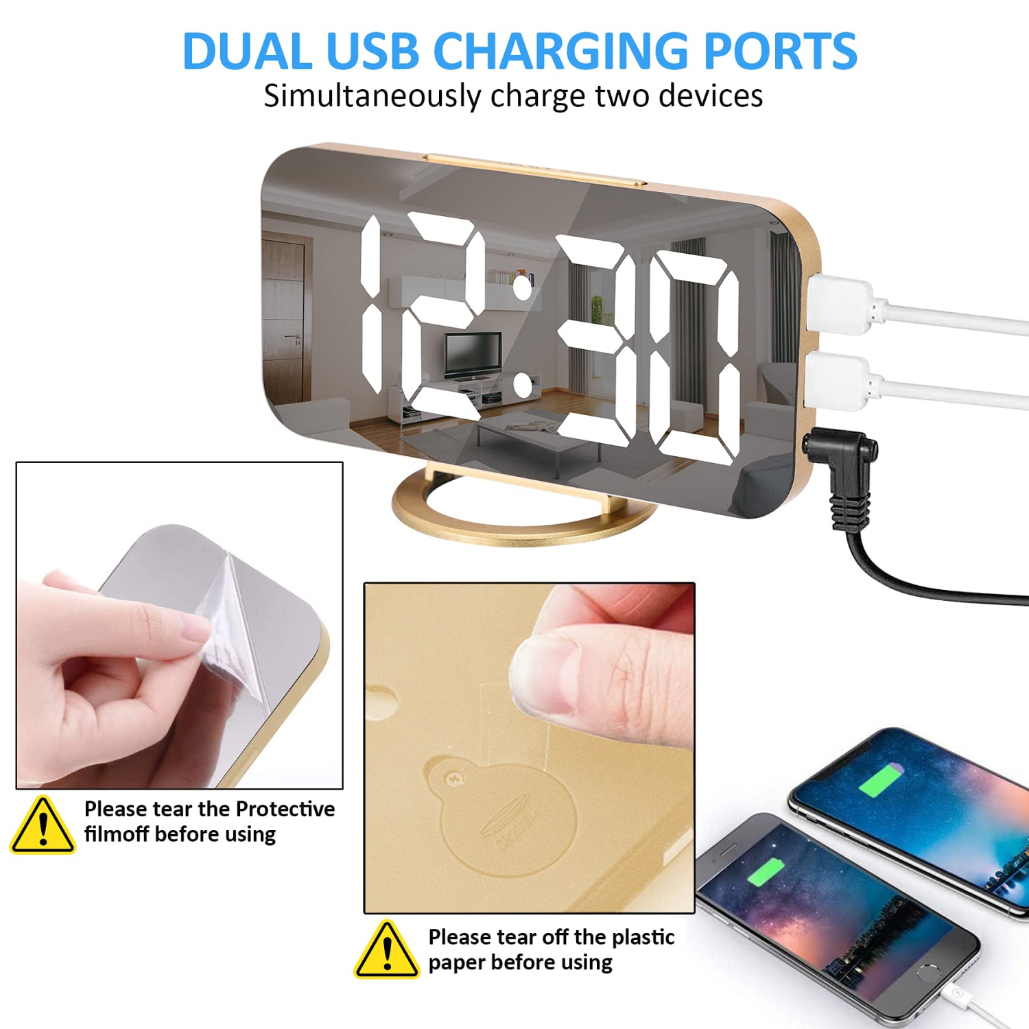 Radio-réveil numérique Amico, réveil-matin de 7 po pour chambres à coucher, grand écran miroir Surface réveil avec chargeur USB 12/2