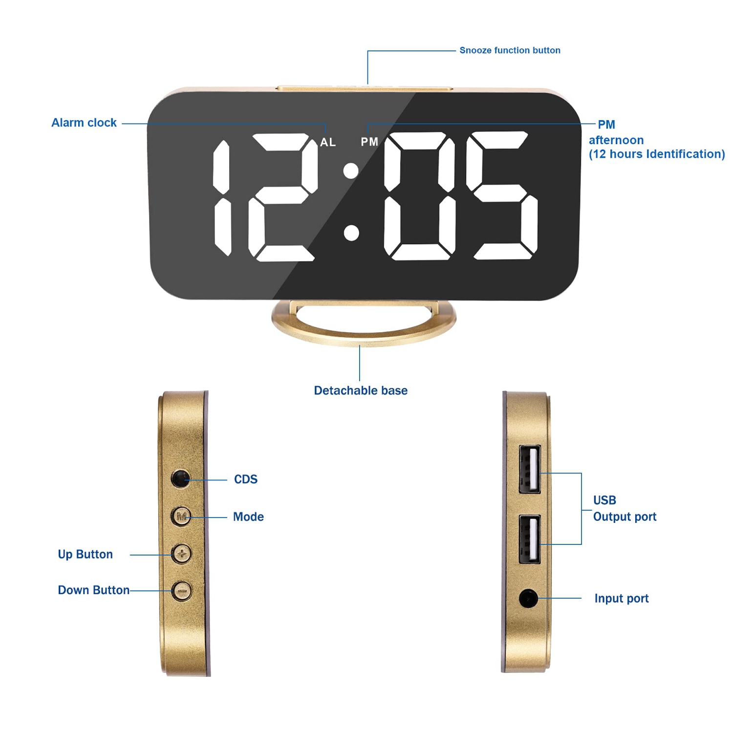 Radio-réveil numérique Amico, réveil-matin de 7 po pour chambres à coucher, grand écran miroir Surface réveil avec chargeur USB 12/2
