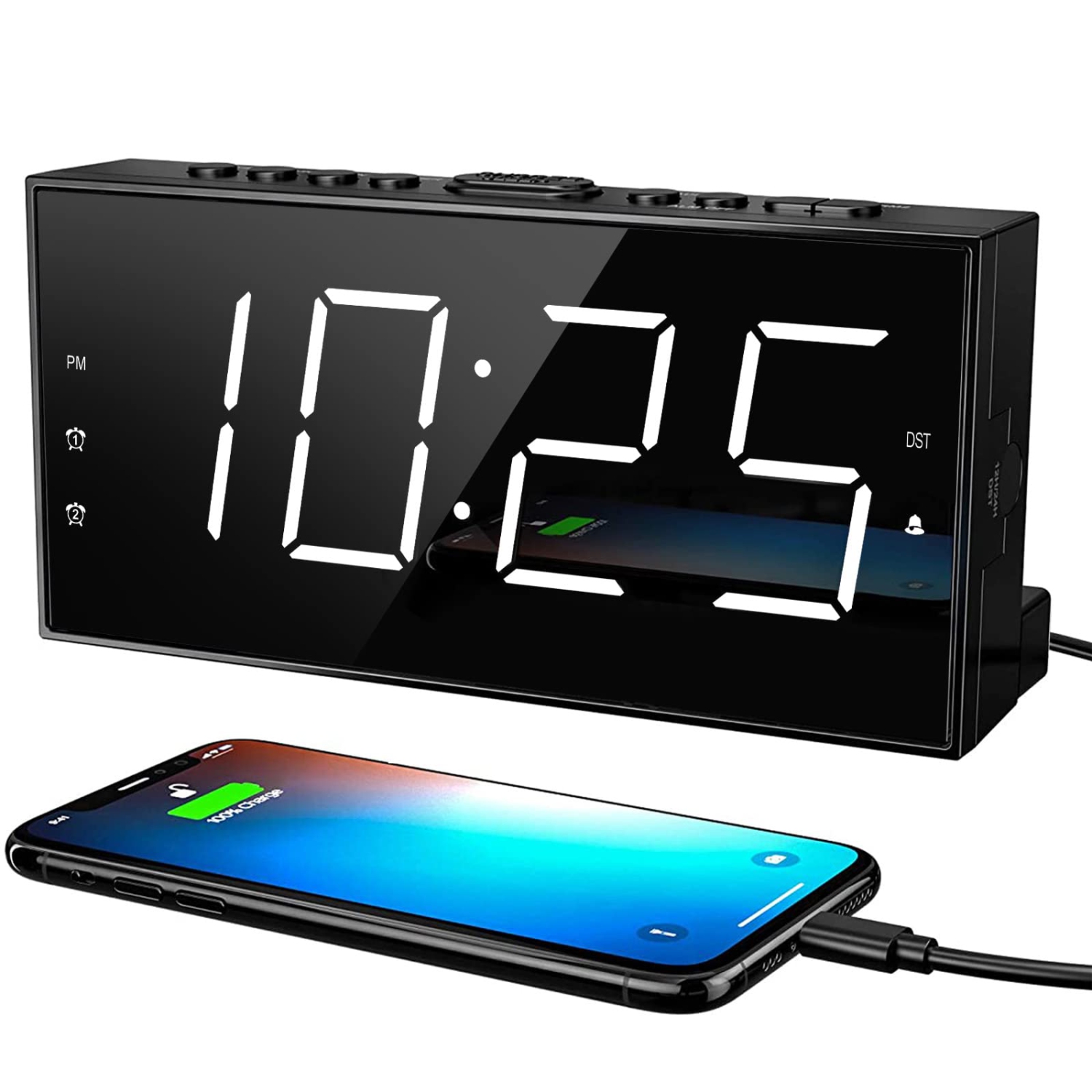 ROCAM Alarm Clocks for Bedrooms, 7" LED Large Display Bedside Digital Clock with USB Phone Charger, Battery Backup,Dimmer, S