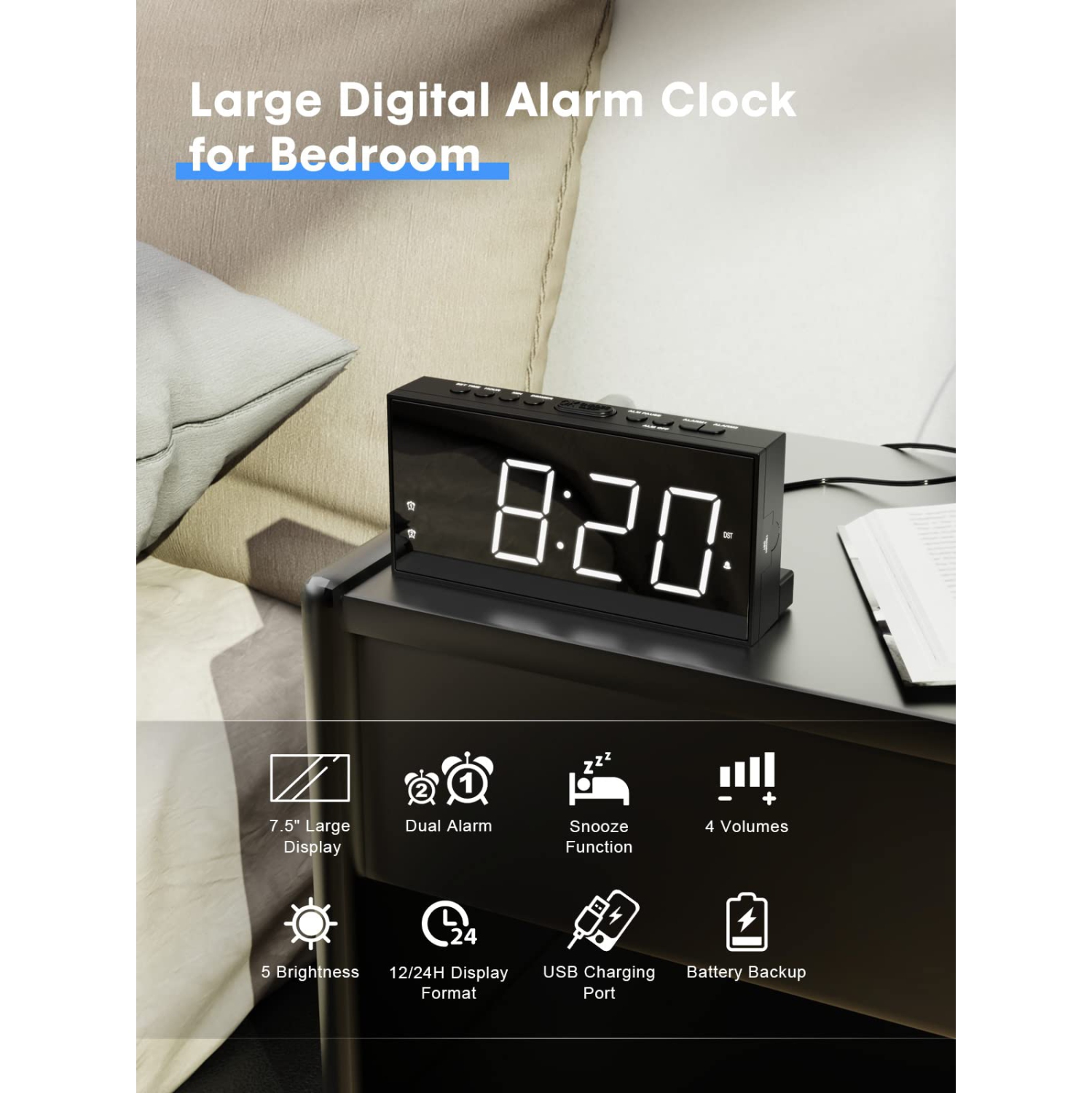 ROCAM Alarm Clocks for Bedrooms, 7" LED Large Display Bedside Digital Clock with USB Phone Charger, Battery Backup,Dimmer, S