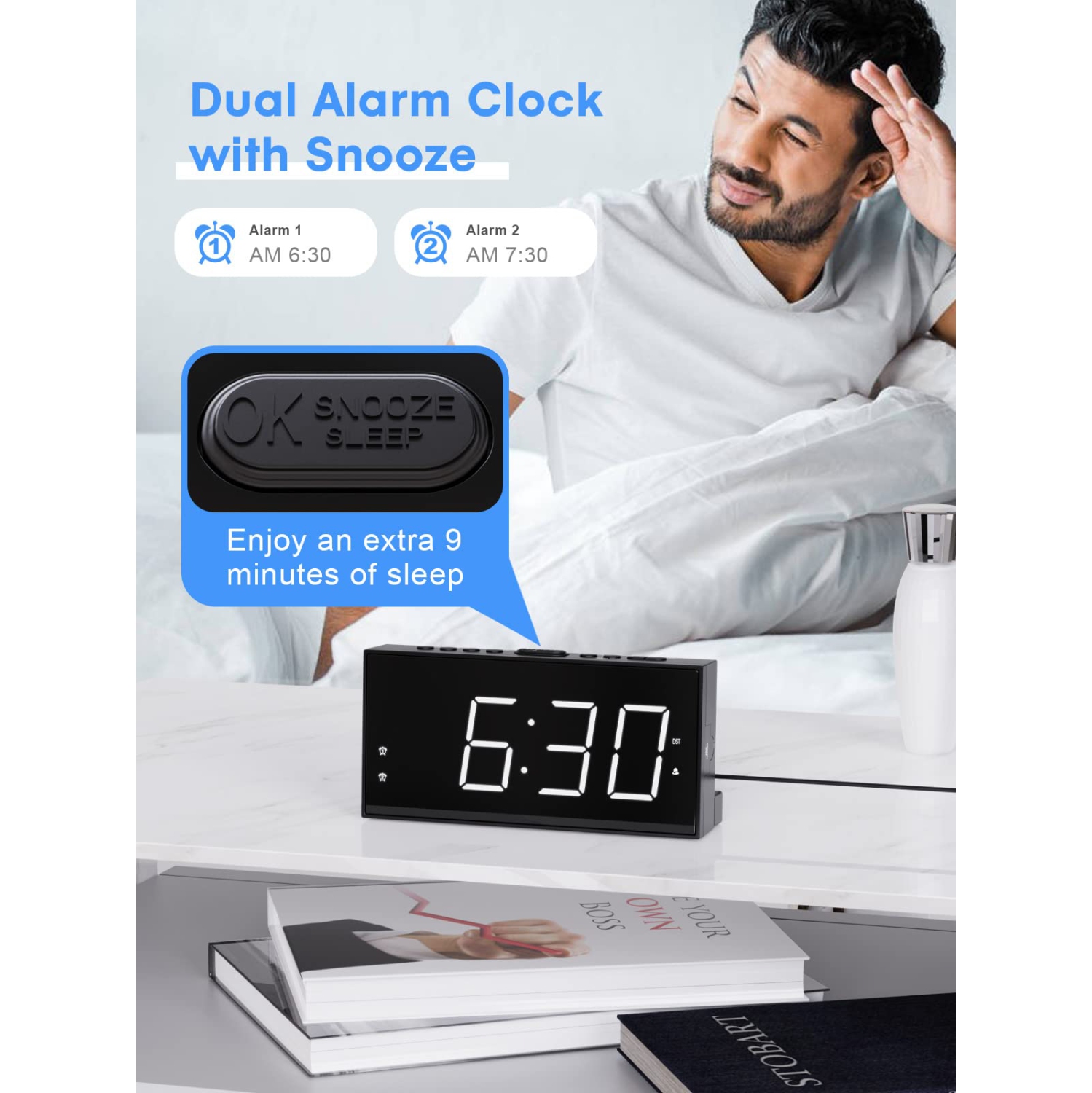 ROCAM Alarm Clocks for Bedrooms, 7" LED Large Display Bedside Digital Clock with USB Phone Charger, Battery Backup,Dimmer, S