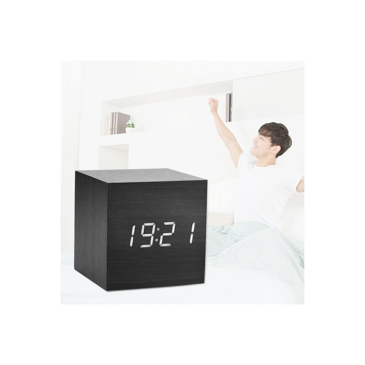 Réveil numérique, affichage de l’heure à DEL électronique de bureau en bois commandes vocales mode toujours lumineux volume d’alarme réglable