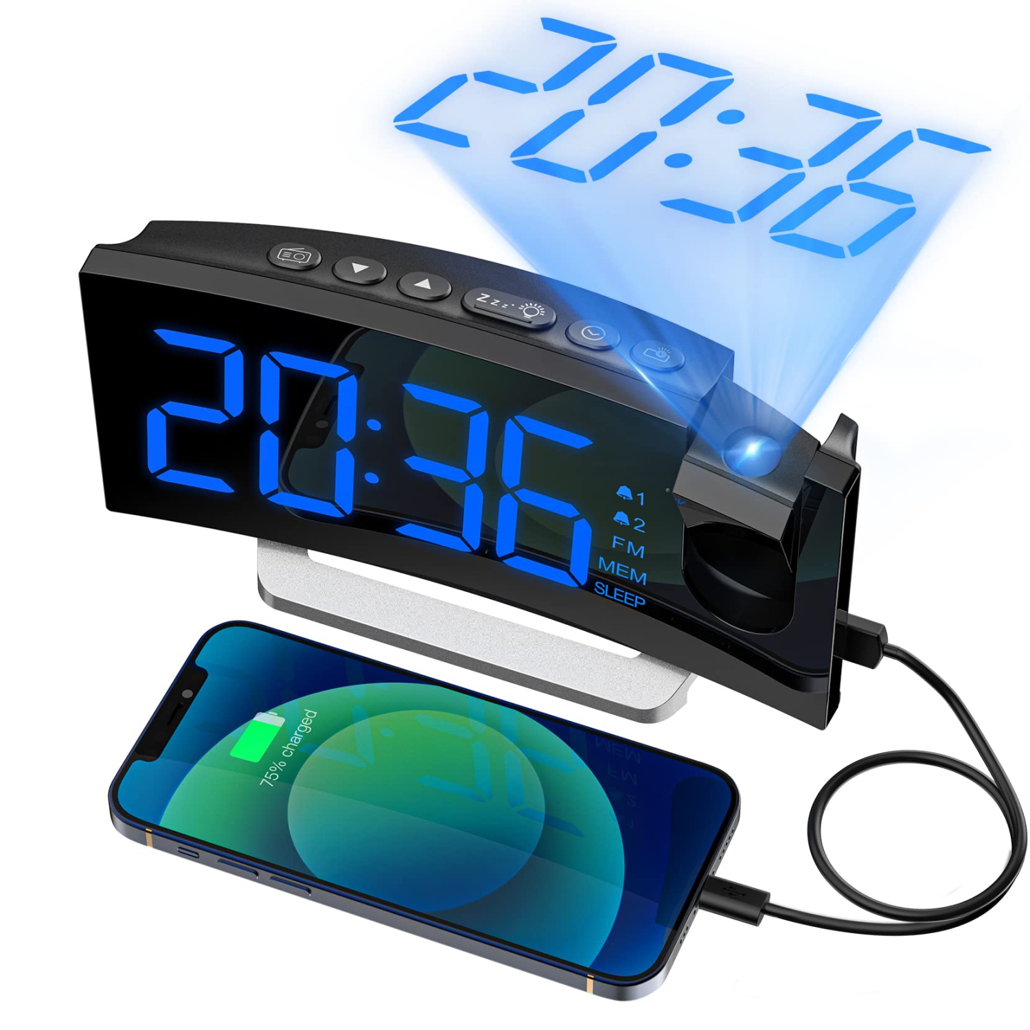 Digital Clock Radio with 180° Projector, Projection Alarm Clock for Bedroom,0-100% Dimmer, 30 FM Radio with Sleep Timer, 5 S