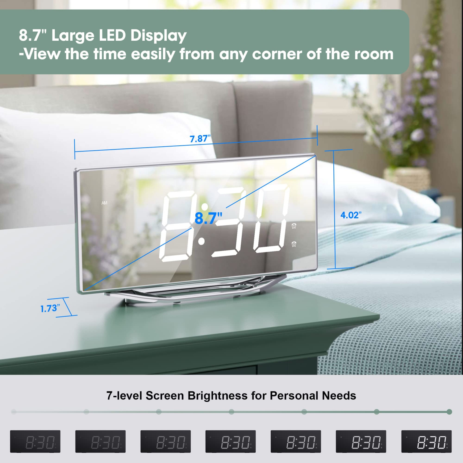 Horloge numérique grand écran, horloges miroir pour chambre à coucher avec écran DEL de 8.7 po, luminosité de 7 niveaux, 2 ports de chargement USB