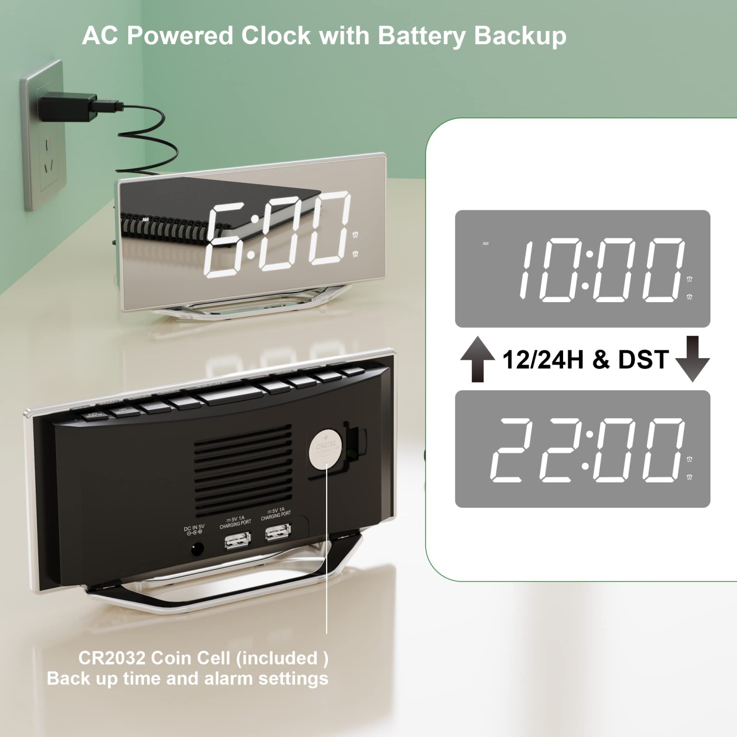 Horloge numérique grand écran, horloges miroir pour chambre à coucher avec écran DEL de 8.7 po, luminosité de 7 niveaux, 2 ports de chargement USB