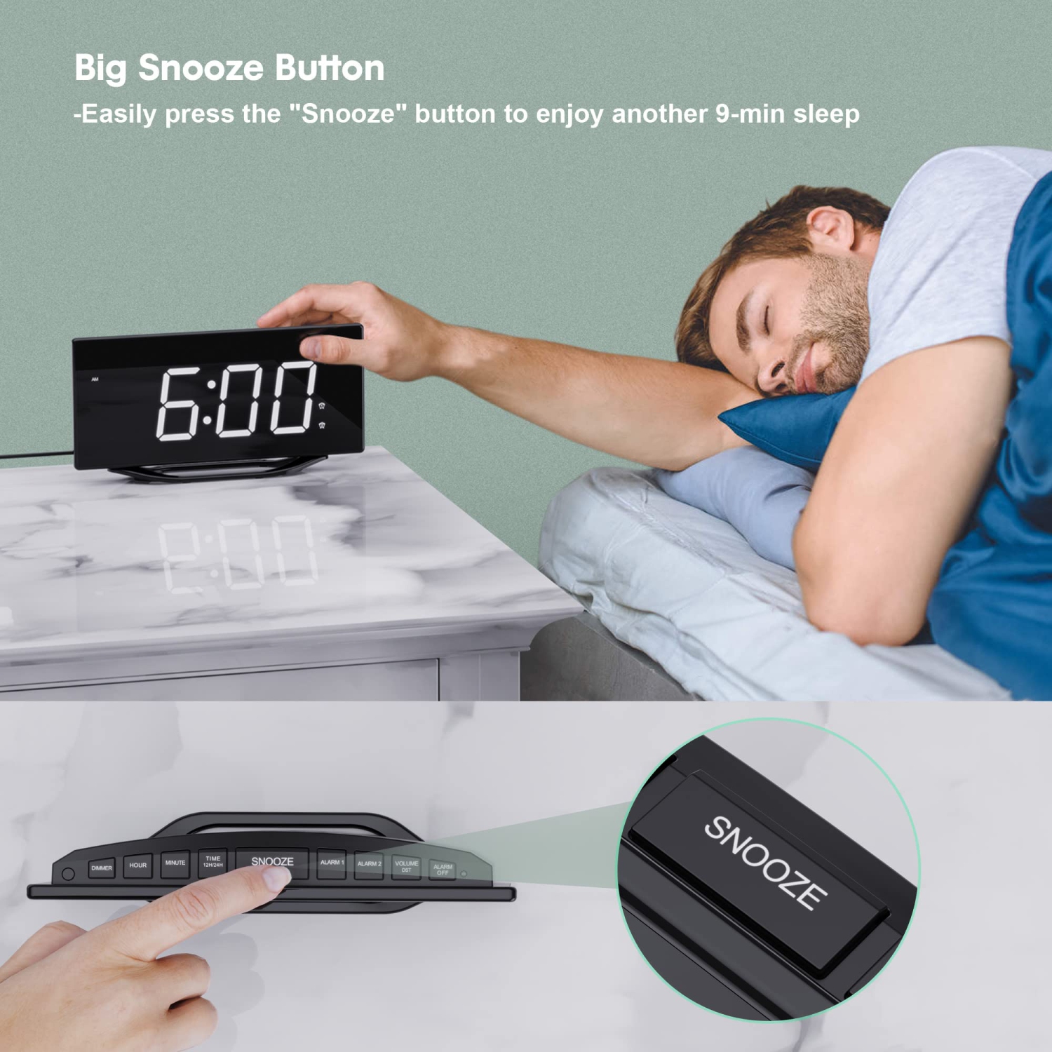 Horloge numérique grand écran pour chambre à coucher, radio-réveil DEL double de 8.7 po avec gradateur à 7 niveaux, 2 chargeurs de téléphone USB,
