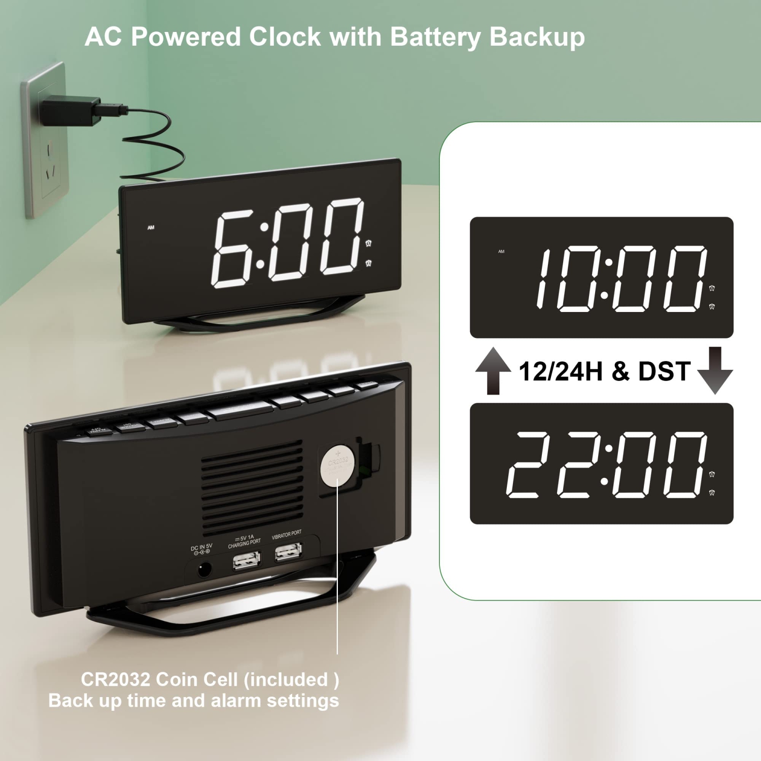 Horloge numérique grand écran pour chambre à coucher, radio-réveil DEL double de 8.7 po avec gradateur à 7 niveaux, 2 chargeurs de téléphone USB,