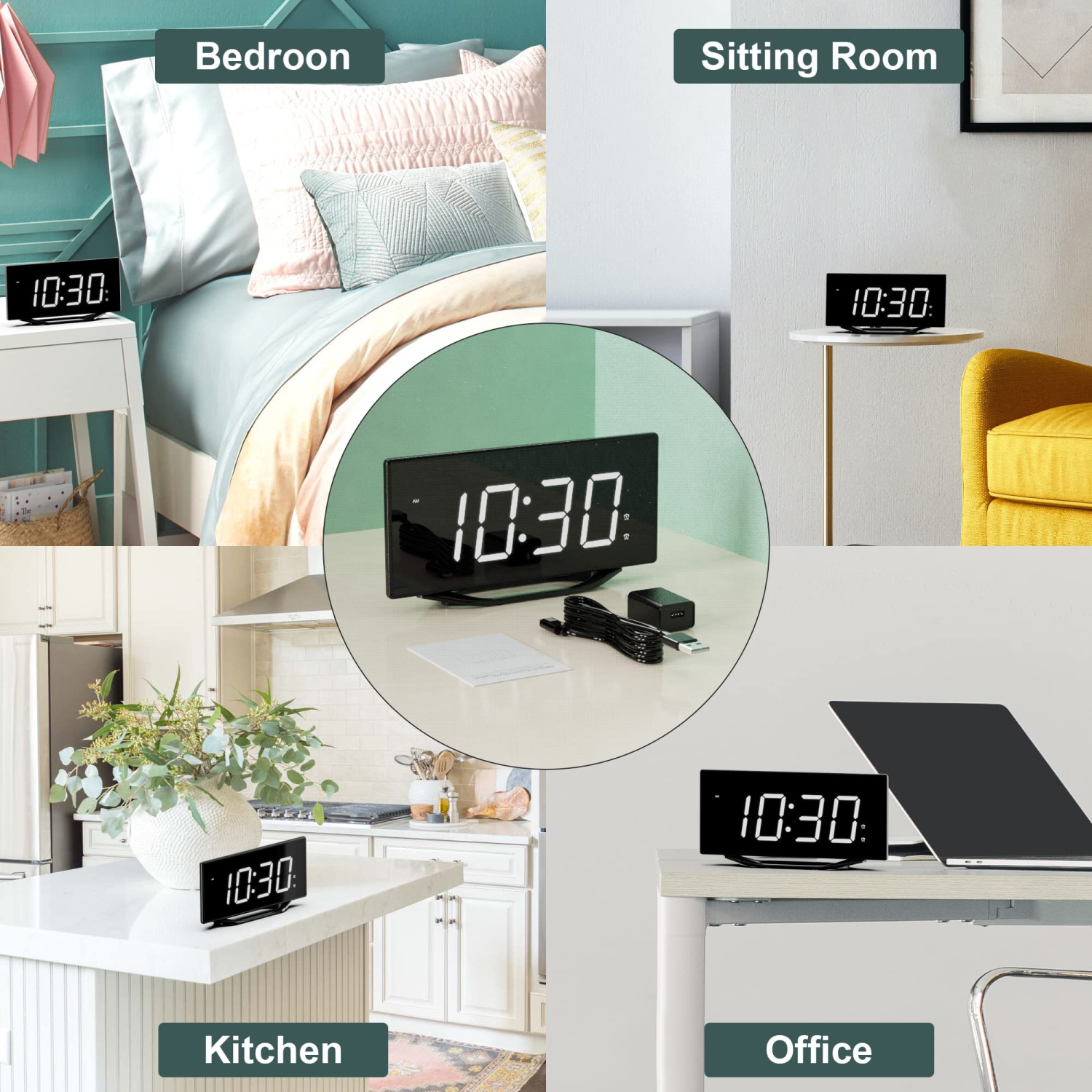 Horloge numérique grand écran pour chambre à coucher, radio-réveil DEL double de 8.7 po avec gradateur à 7 niveaux, 2 chargeurs de téléphone USB,