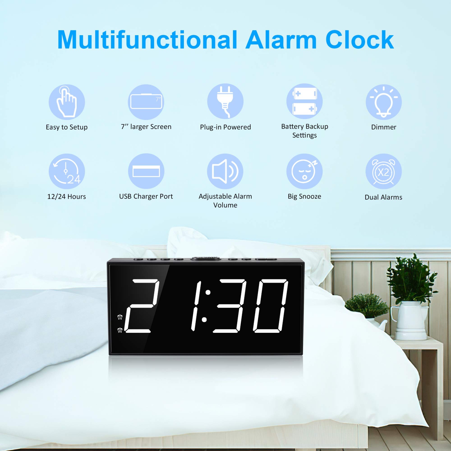 Horloge numérique à deux alarmes pour chambre à coucher, grand écran/affichage DEL de base de 7 po, port de chargement USB, 5 voyants lumineux