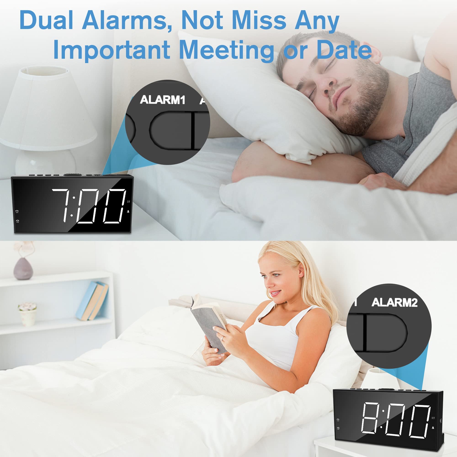 Horloge numérique à deux alarmes pour chambre à coucher, grand écran/affichage DEL de base de 7 po, port de chargement USB, 5 voyants lumineux