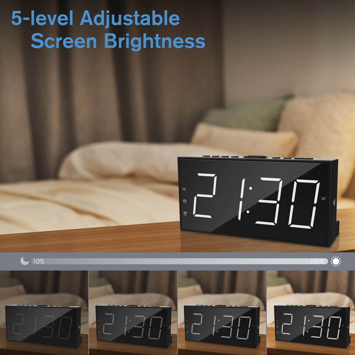 Horloge numérique à deux alarmes pour chambre à coucher, grand écran/affichage DEL de base de 7 po, port de chargement USB, 5 voyants lumineux
