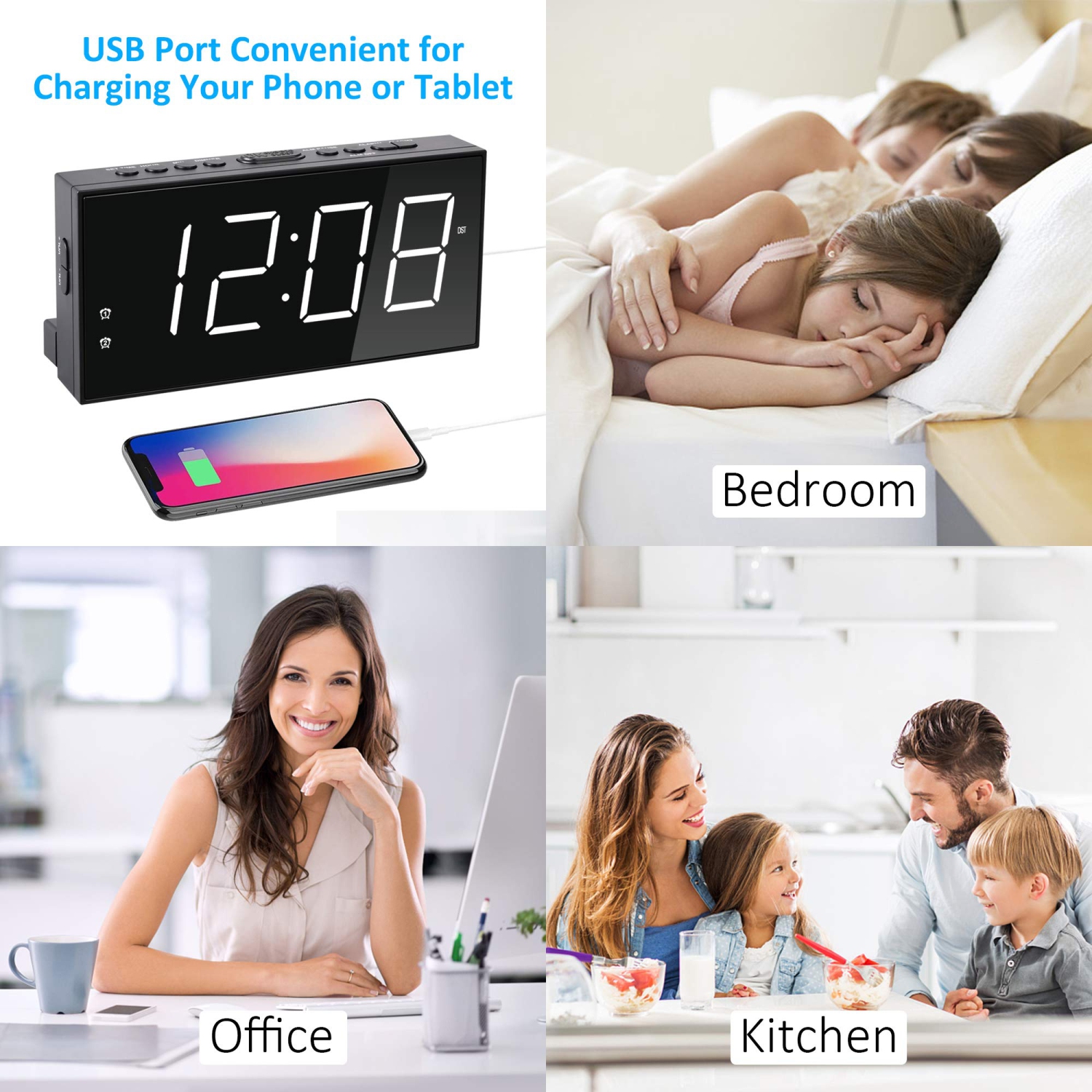 Horloge numérique à deux alarmes pour chambre à coucher, grand écran/affichage DEL de base de 7 po, port de chargement USB, 5 voyants lumineux