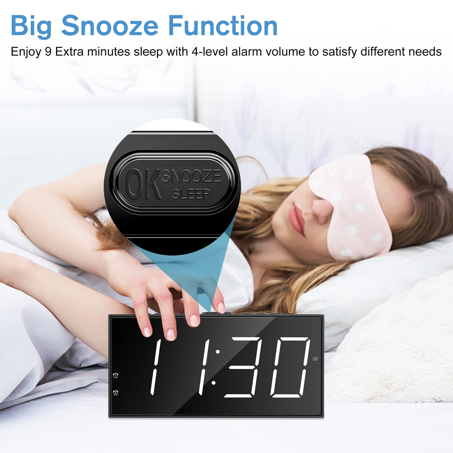 Horloge numérique à deux alarmes pour chambre à coucher, grand écran/affichage DEL de base de 7 po, port de chargement USB, 5 voyants lumineux