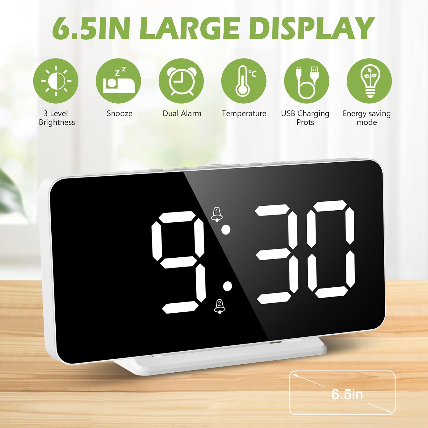KeeKit Digital Alarm Clock, LED Alarm Clock with 6.5’’ Large Display, Digital Desktop Clock with Temperature Time Display, S