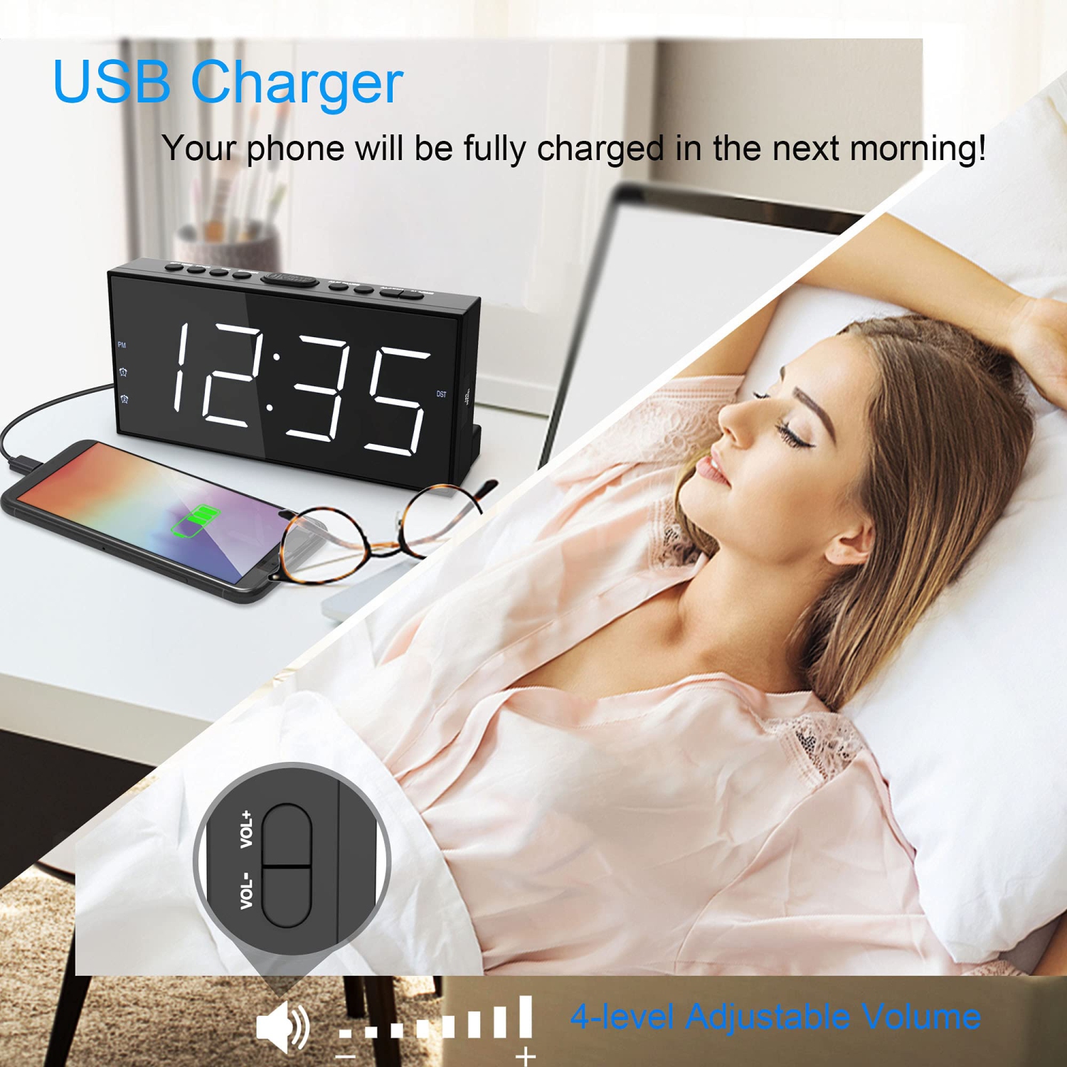 Réveil pour chambre à coucher, grande horloge numérique avec écran DEL de 7.5 po, gros chiffres, deux alarmes, port de chargement USB, 5 niveaux Di